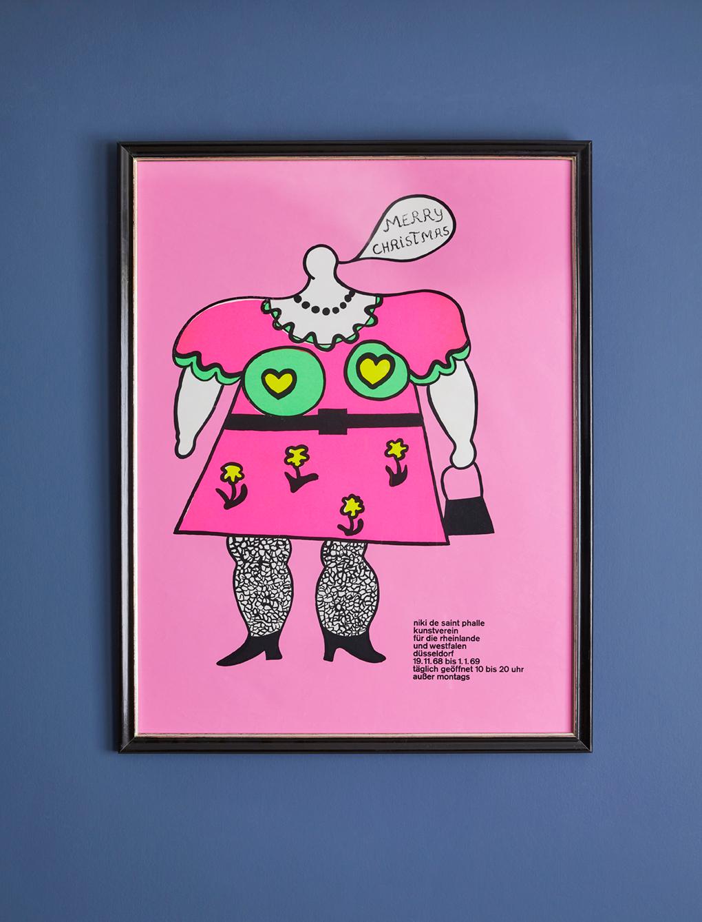 Hübsches Vintage-Ausstellungsplakat von Niki de Saint Phalle mit leuchtend rosa Hintergrund und einer leuchtenden Farbpalette. Kunstverein für die Rheinlande und Westfalen Düsseldorf. Deutschland, 1968.