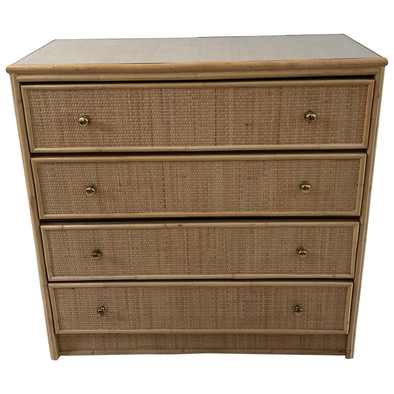 Vintage Exotic Bamboo And Cane Rattan Chest Of Drawers Brass Glass
