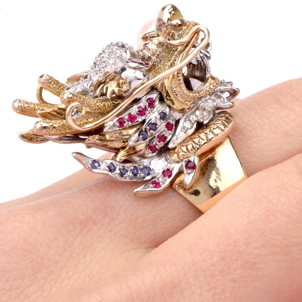 Women's or Men's Vintage Exotic Dragon Gold Diamond Multi Gems Ring