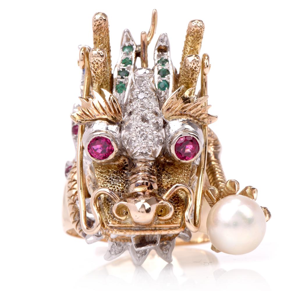 Vintage Exotic Dragon Gold Diamond Multi Gems Ring 1