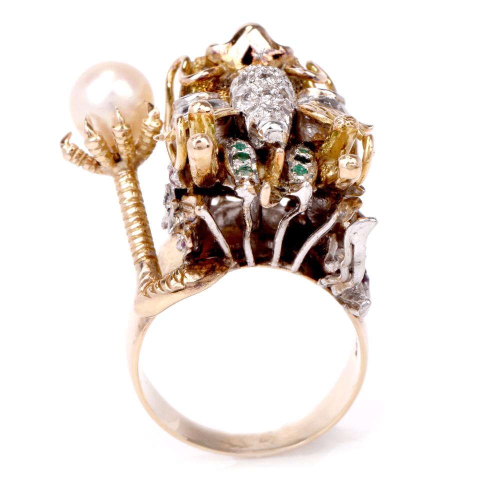 Vintage Exotic Dragon Gold Diamond Multi Gems Ring 3