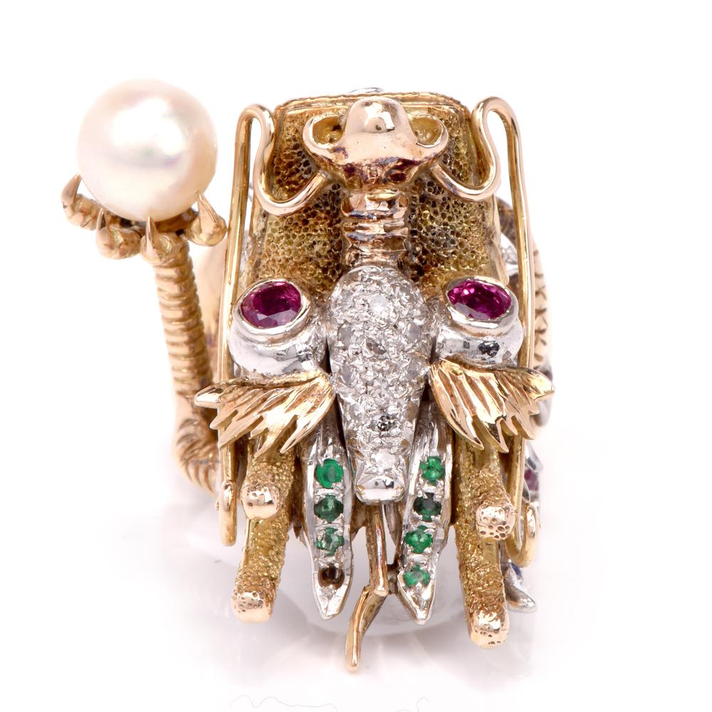 Vintage Exotic Dragon Gold Diamond Multi Gems Ring 4