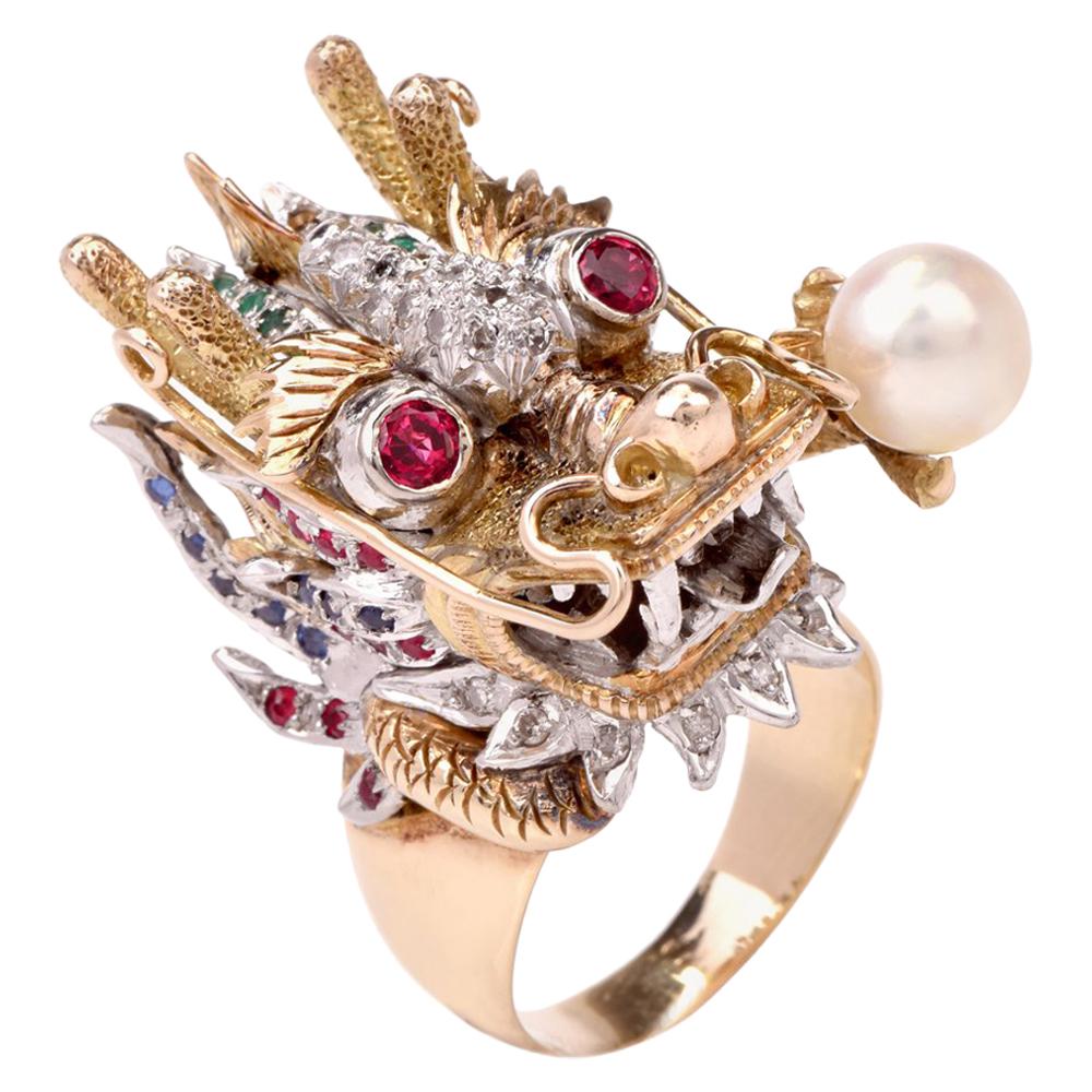 Vintage Exotic Dragon Gold Diamond Multi Gems Ring
