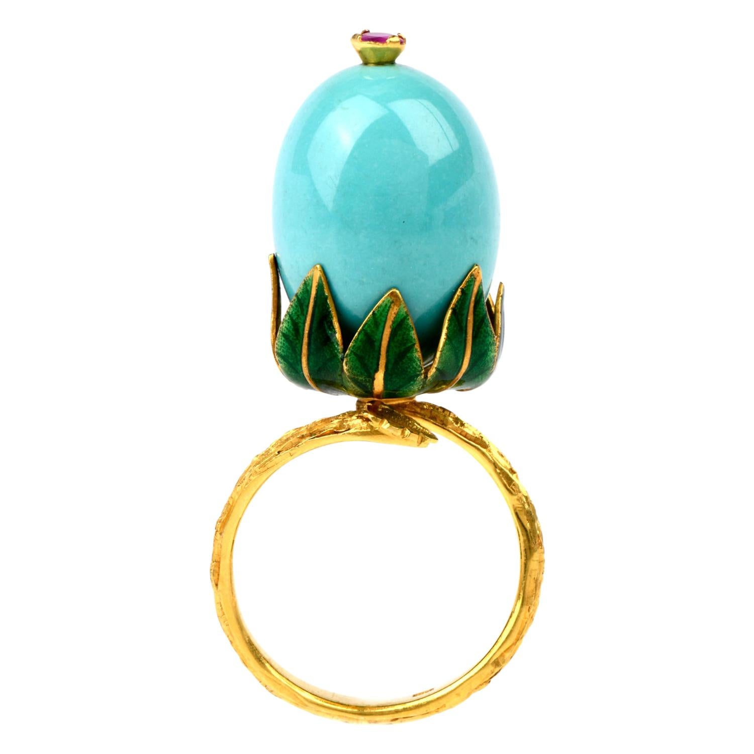 Vintage Exotic Enameled 18 Karat Turquoise Ruby Cocktail Gold  Ring