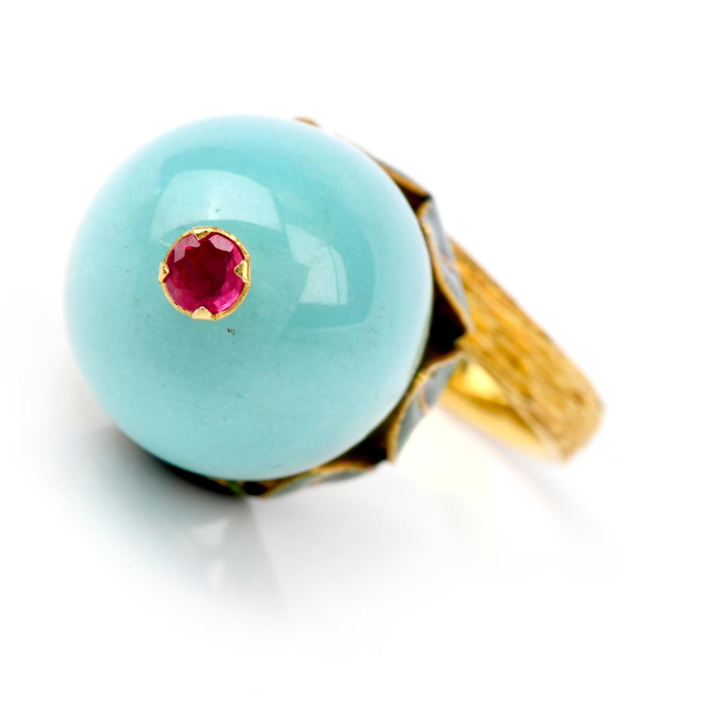 Women's Vintage Exotic Enameled 18 Karat Turquoise Ruby Cocktail Gold  Ring