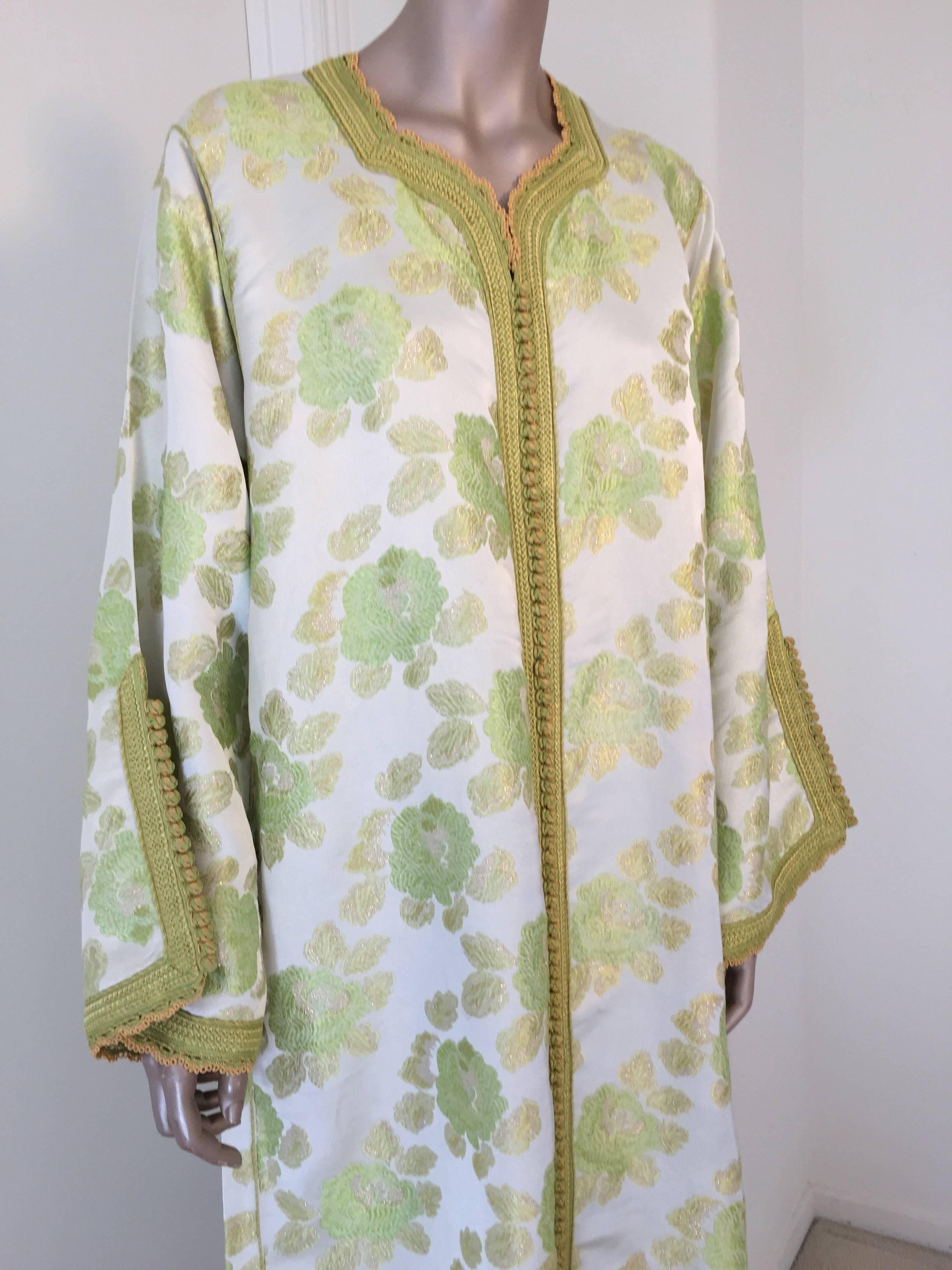 Vintage Exotic Moroccan Caftan, 1970s Metallic Green Brocade Kaftan Maxi Dress 2