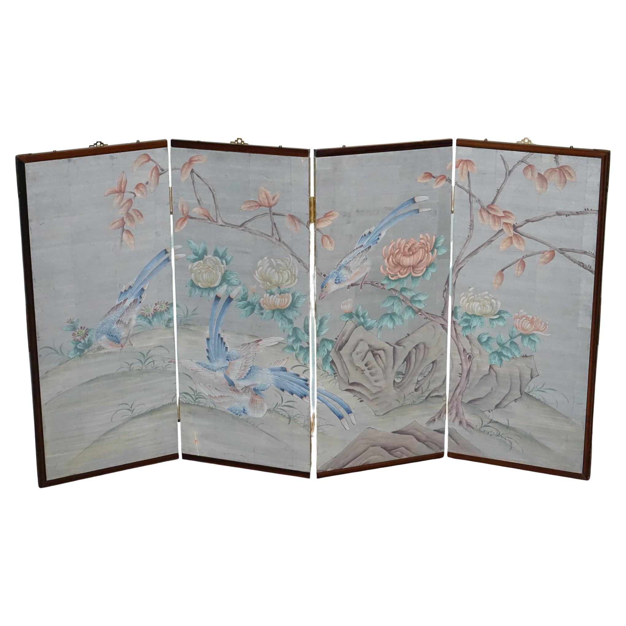 Vintage EXOTICAL BIRDS & FLOWERS PIEGHEVOLE A QUATTRO PANNELLI DIVISIONE PER ROOMS