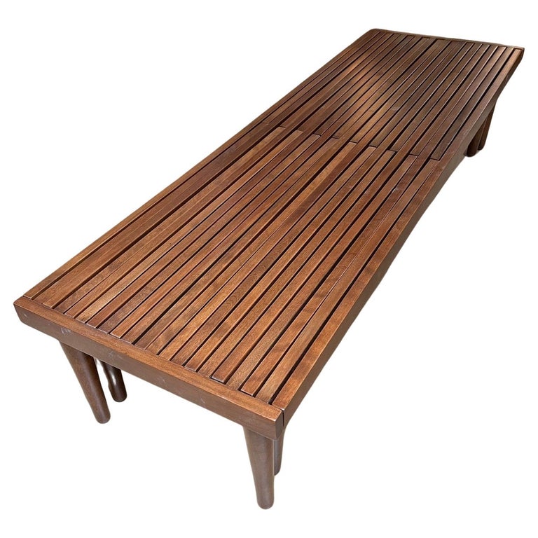 Vintage Expandable Solid Walnut Slatted Bench, Coffee Table by
