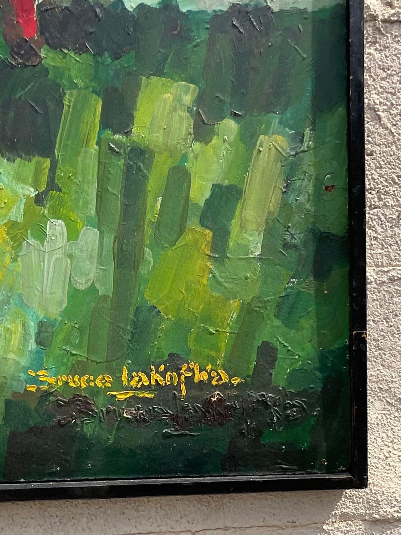 A stunning vintage Boho original oil painting on board. A brilliant composition of a hunt in a verdant pastoral setting. Signed by the artist. Acquired from a Palm Beach estate.