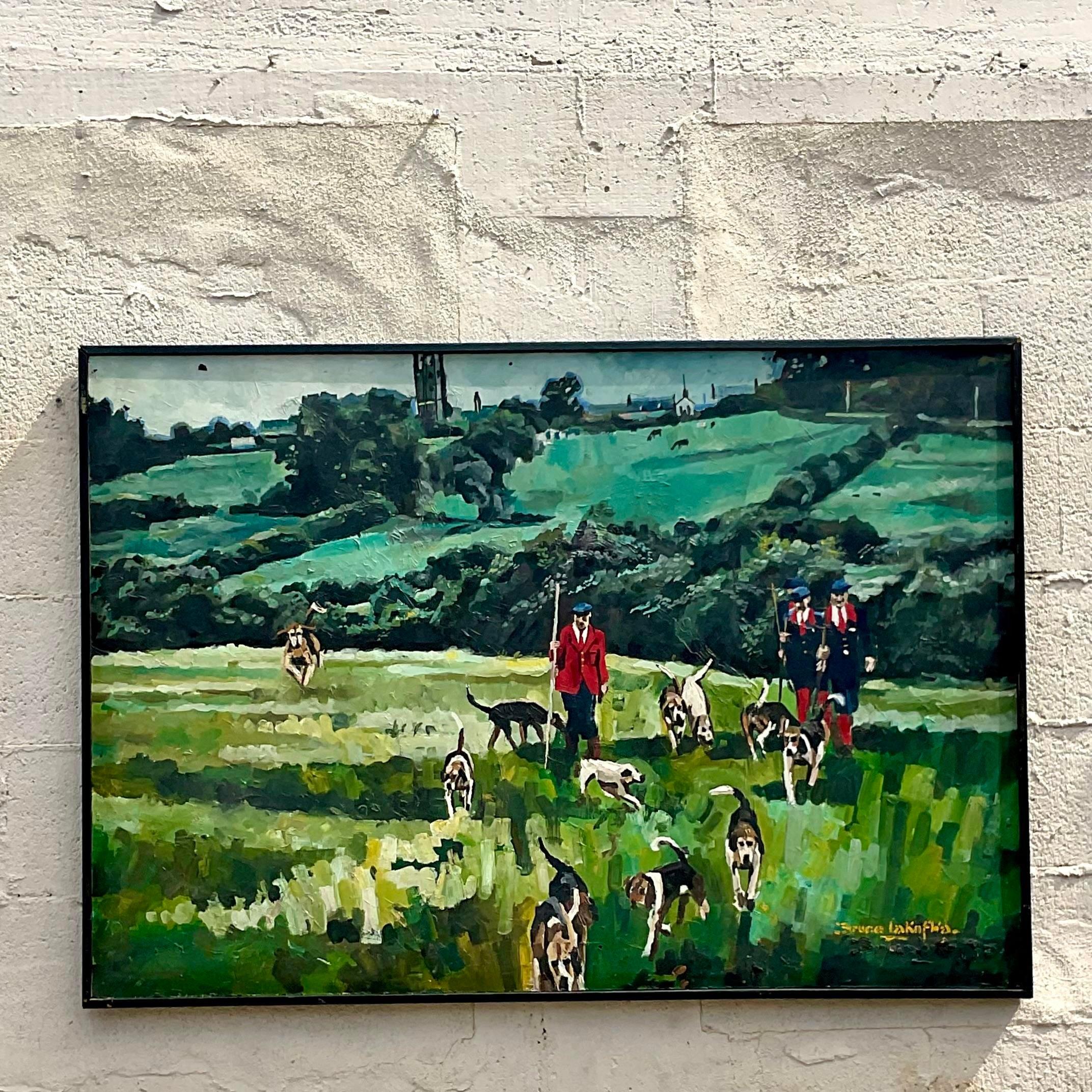 Bohemian Vintage English Traditional Signed Original Oil Painting of the Hunt For Sale