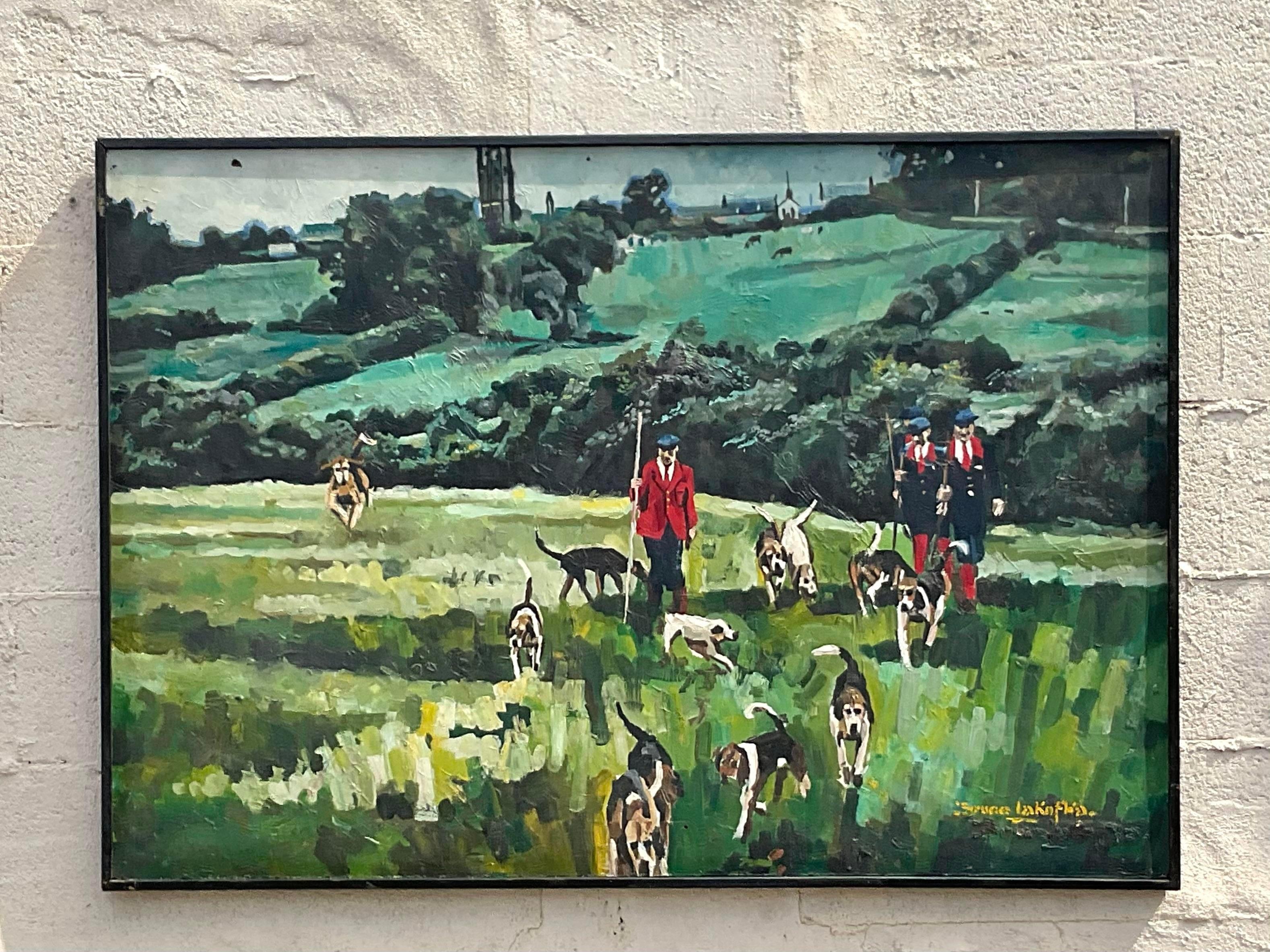Wood Vintage English Traditional Signed Original Oil Painting of the Hunt For Sale