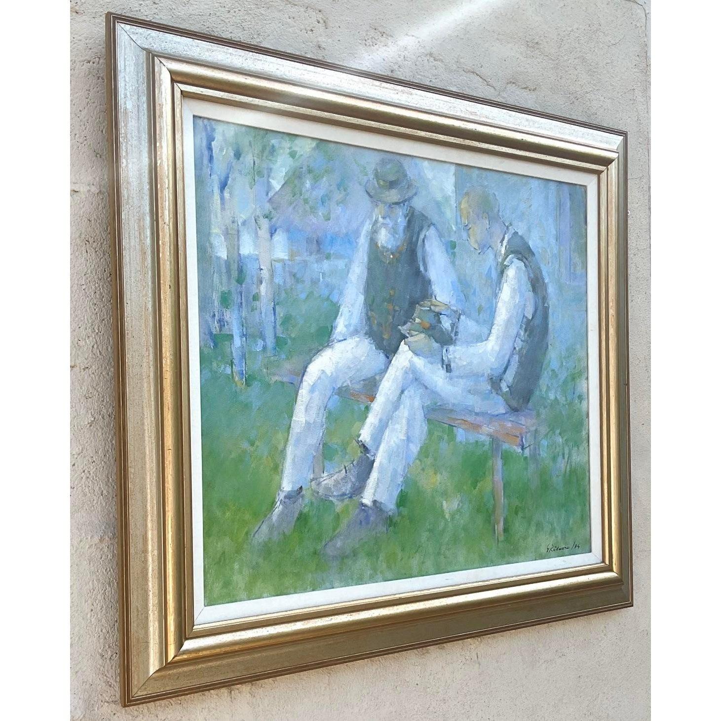 A fantastic vintage Boho original oil painting. A serene Figural composition of two men. Beautiful soothing colors. Signed by the artist. Acquired from a Palm Beach estate.