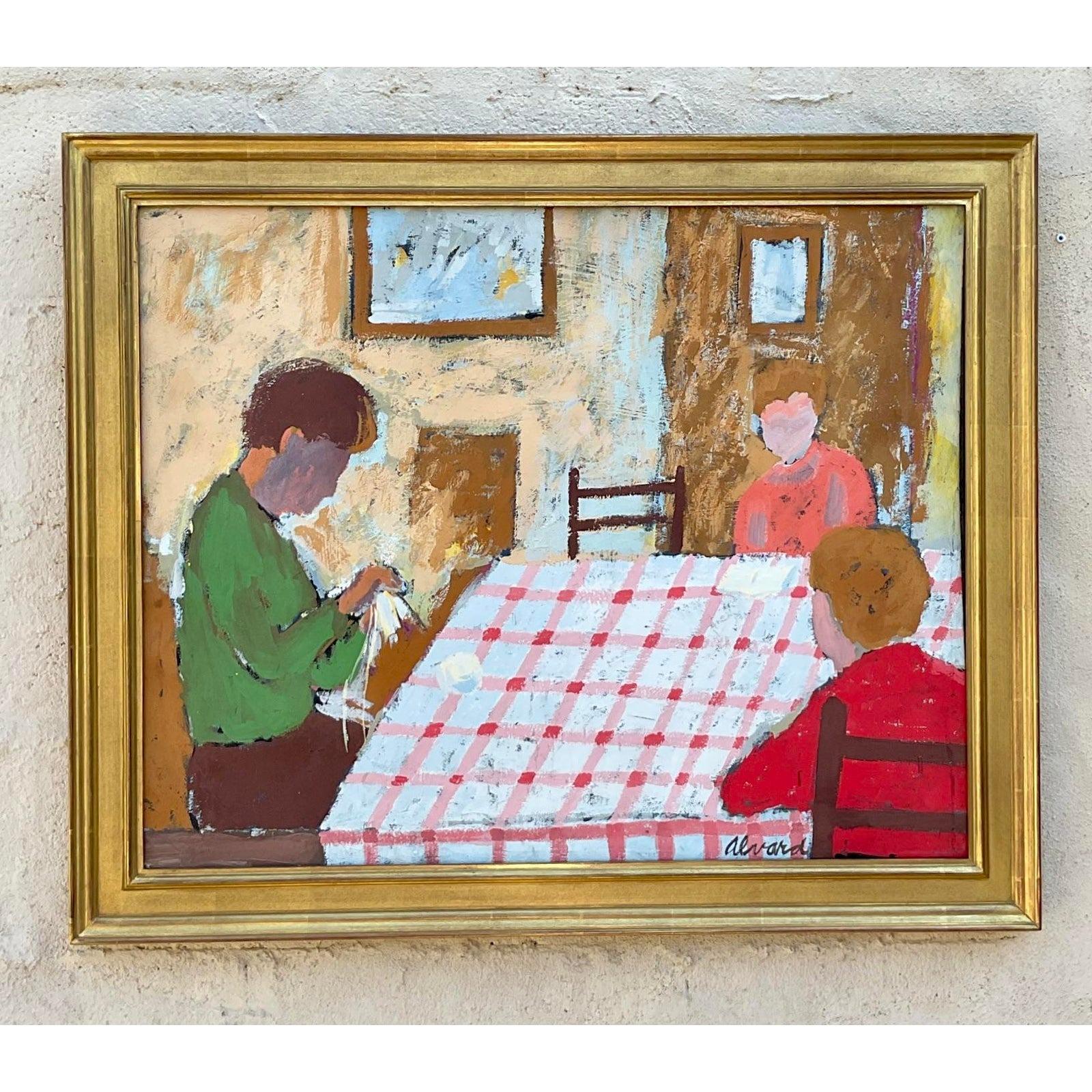 Vintage Expressionist Interior Scene Signed Figural Original Oil Painting In Good Condition For Sale In west palm beach, FL