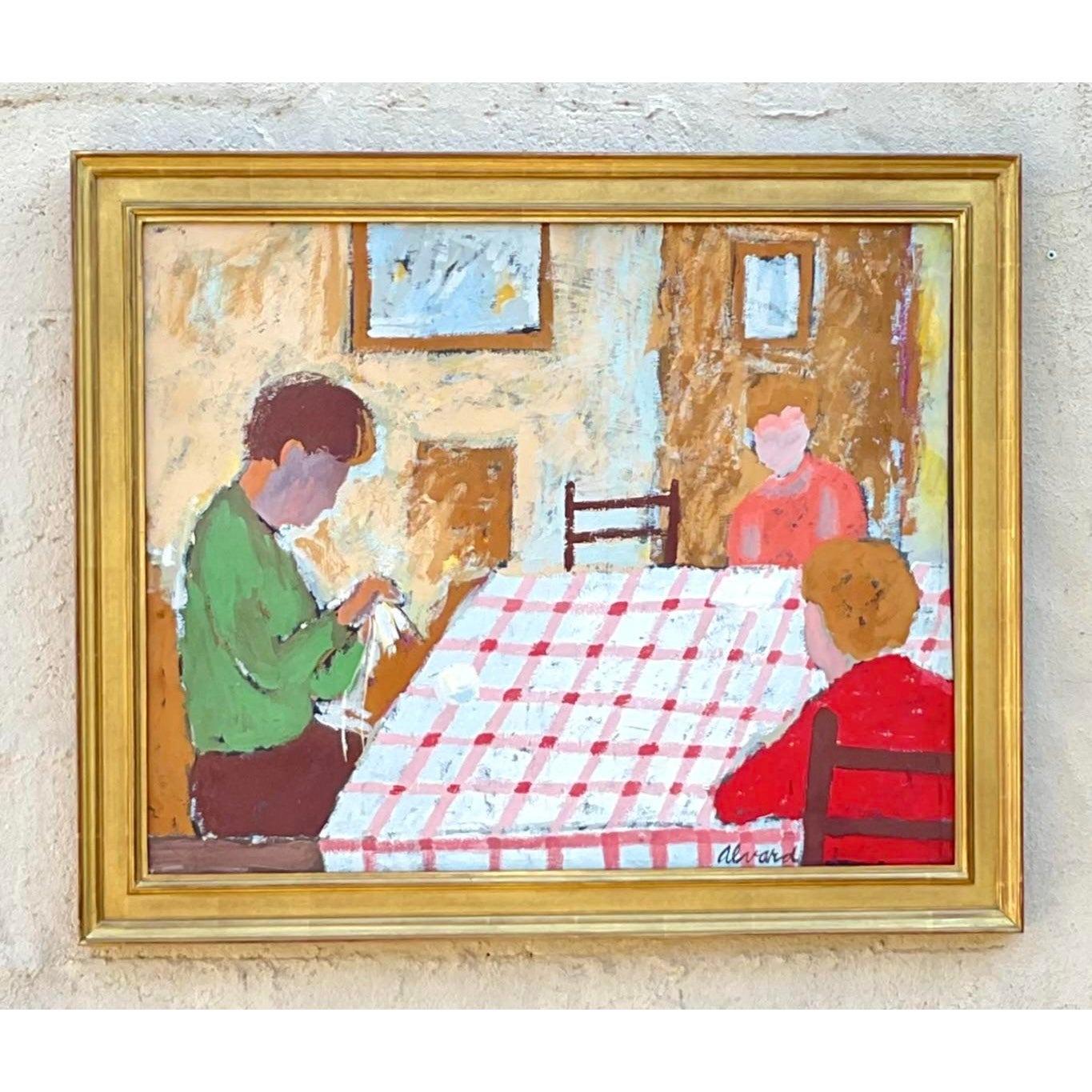 20th Century Vintage Expressionist Interior Scene Signed Figural Original Oil Painting For Sale