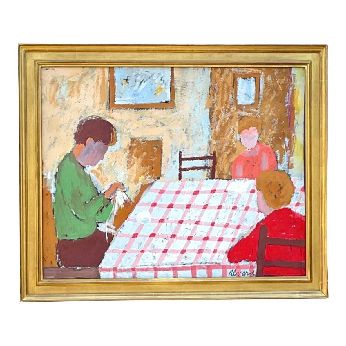 Vintage Expressionist Interior Scene Signed Figural Original Oil Painting For Sale