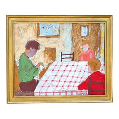 Retro Expressionist Interior Scene Signed Figural Original Oil Painting