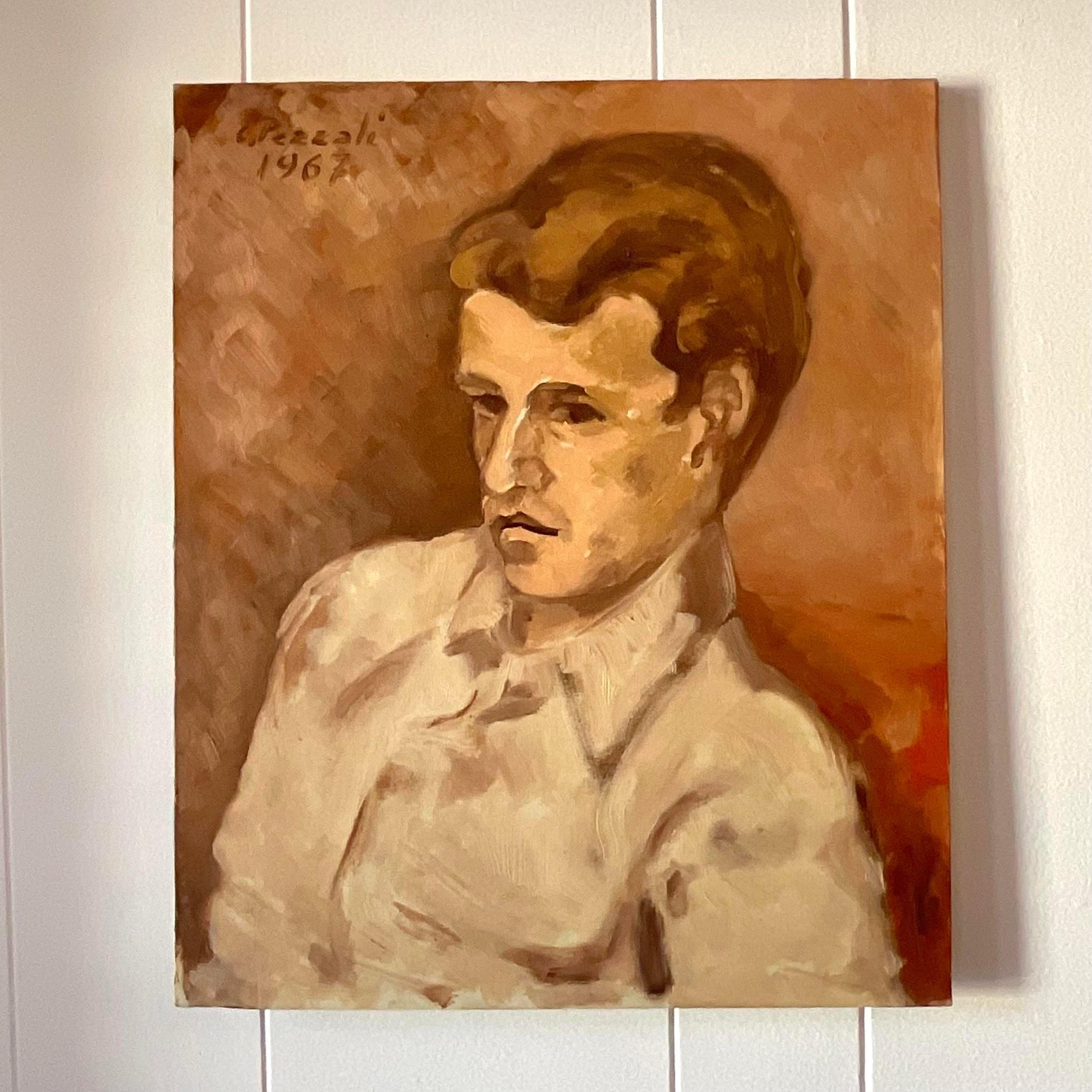 A fabulous vintage original oil portrait on canvas. A chic portrait of a young man. Purchased in Italian and brought to the states. Signed and dated by the artist 1962