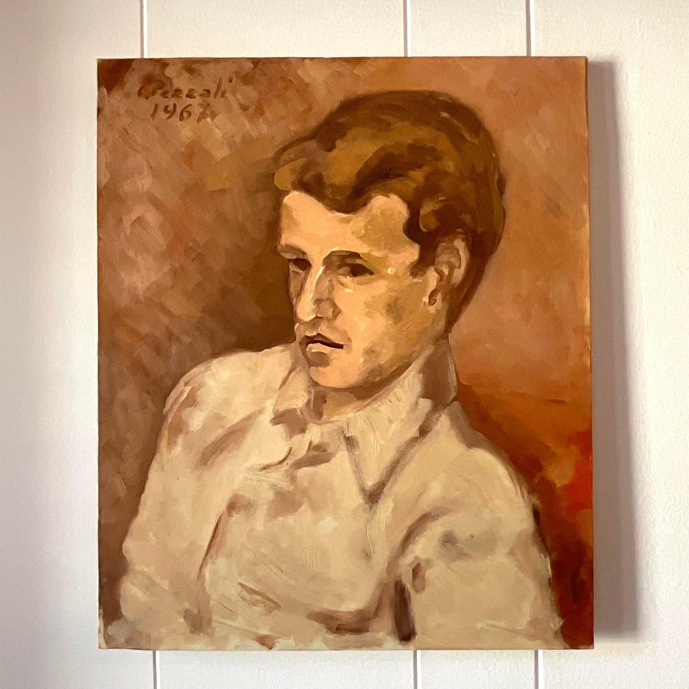 Vintage Expressionist Italian Signed Original Oil Portrait Painting 1962 In Good Condition For Sale In west palm beach, FL