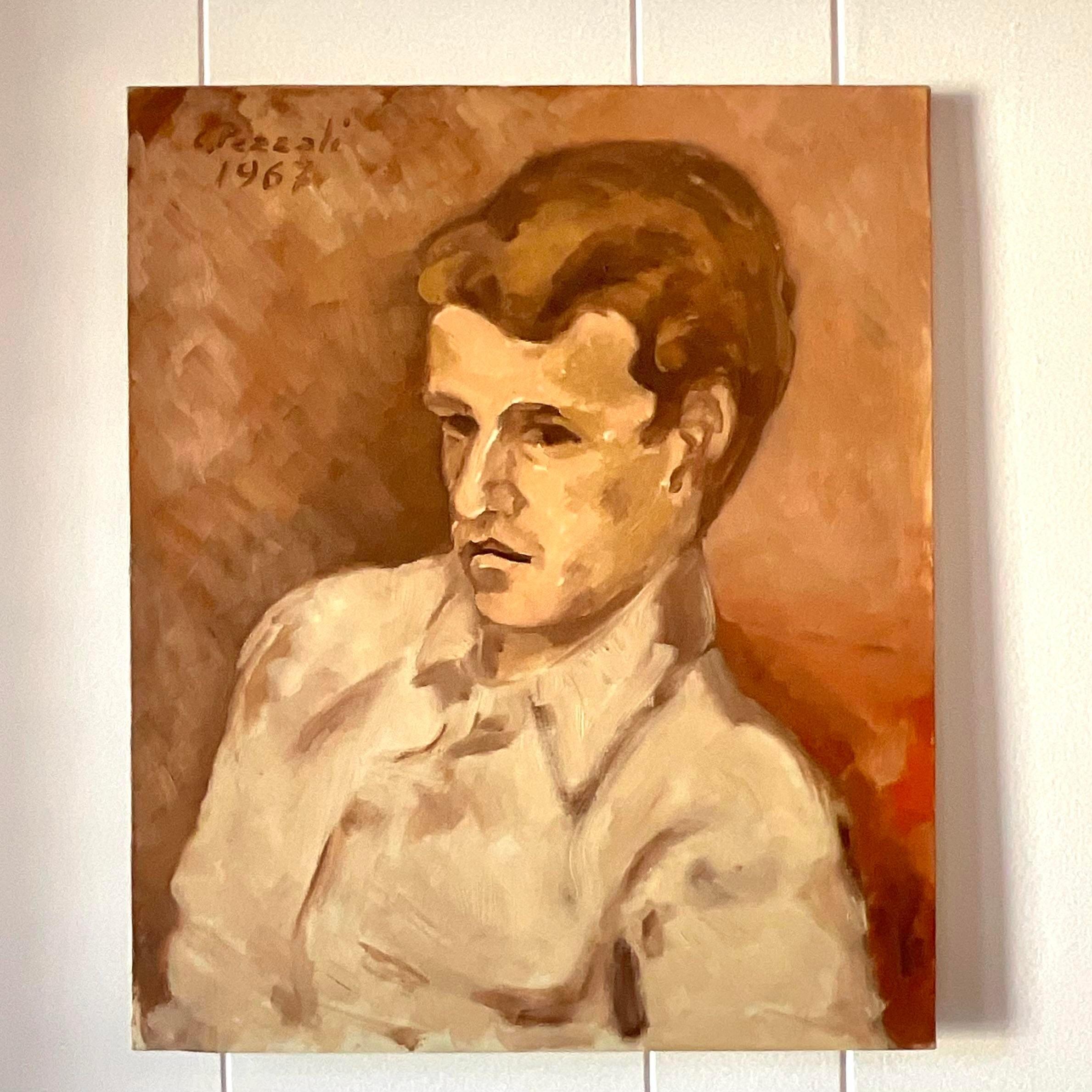 Mid-20th Century Vintage Expressionist Italian Signed Original Oil Portrait Painting 1962 For Sale
