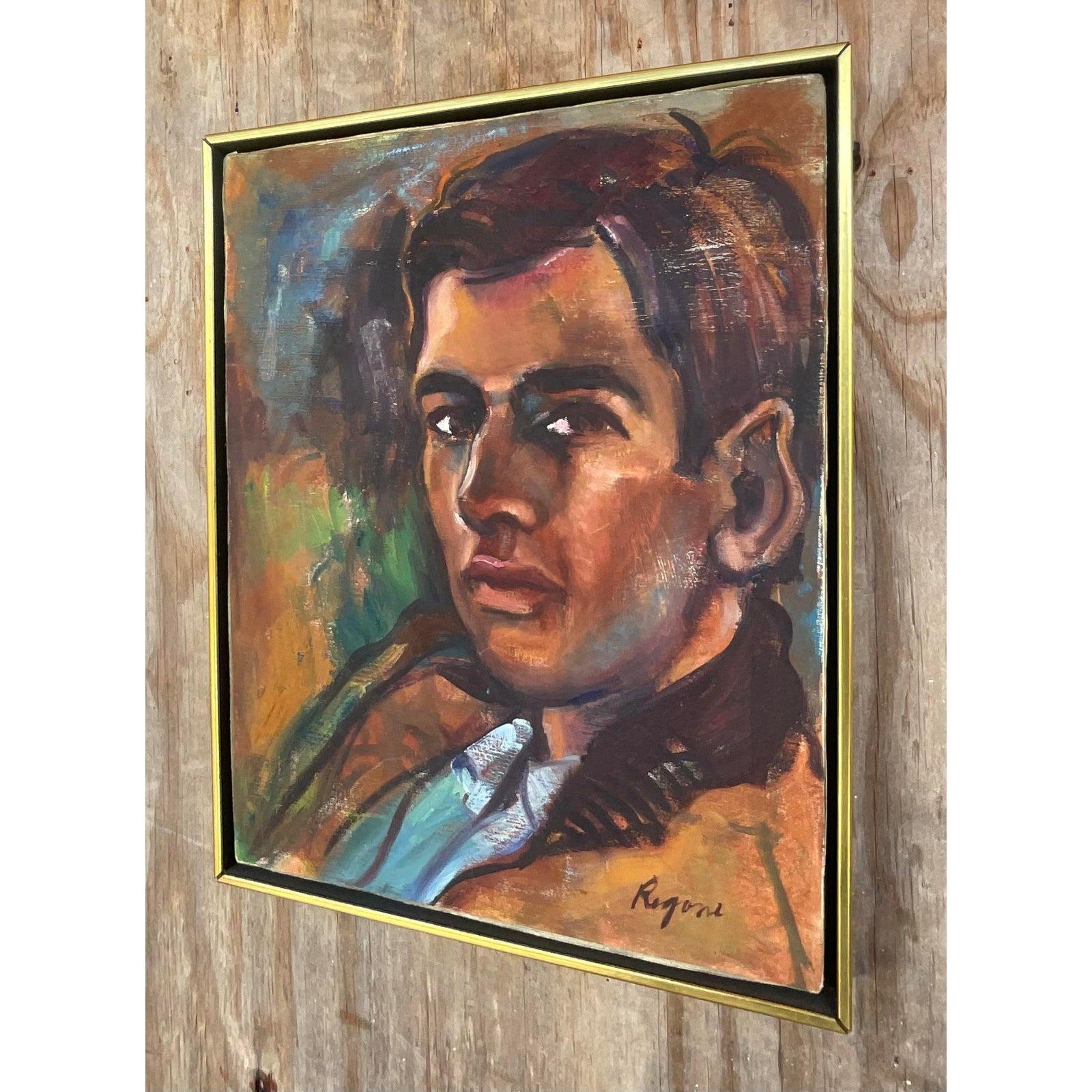 A fabulous vintage Boho original oil portrait of canvas. A chic composition of a young Greek man in dark moody colors. Acquired from a Palm Beach estate.