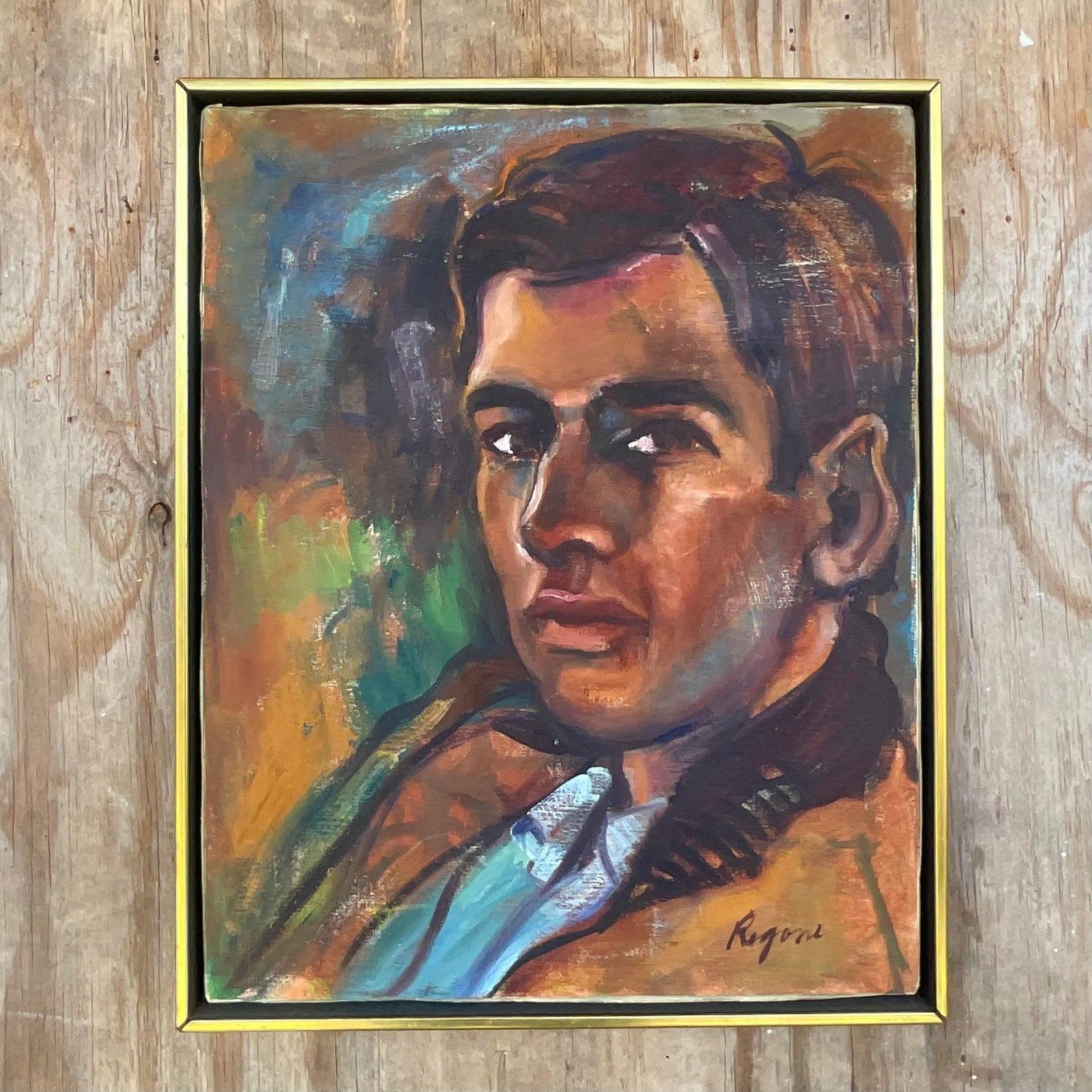 North American Vintage Expressionist Original Oil Portrait Painting of a Man For Sale