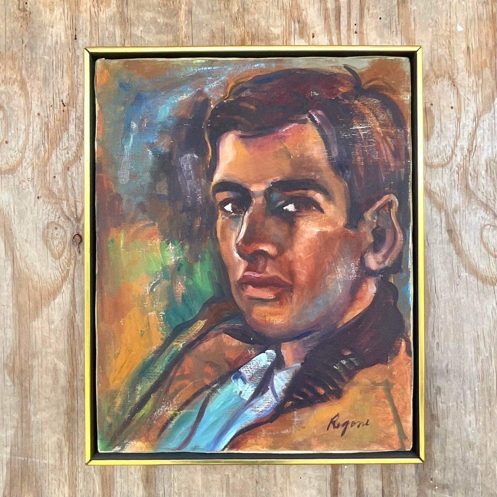 Vintage Expressionist Original Oil Portrait Painting of a Man In Good Condition For Sale In west palm beach, FL