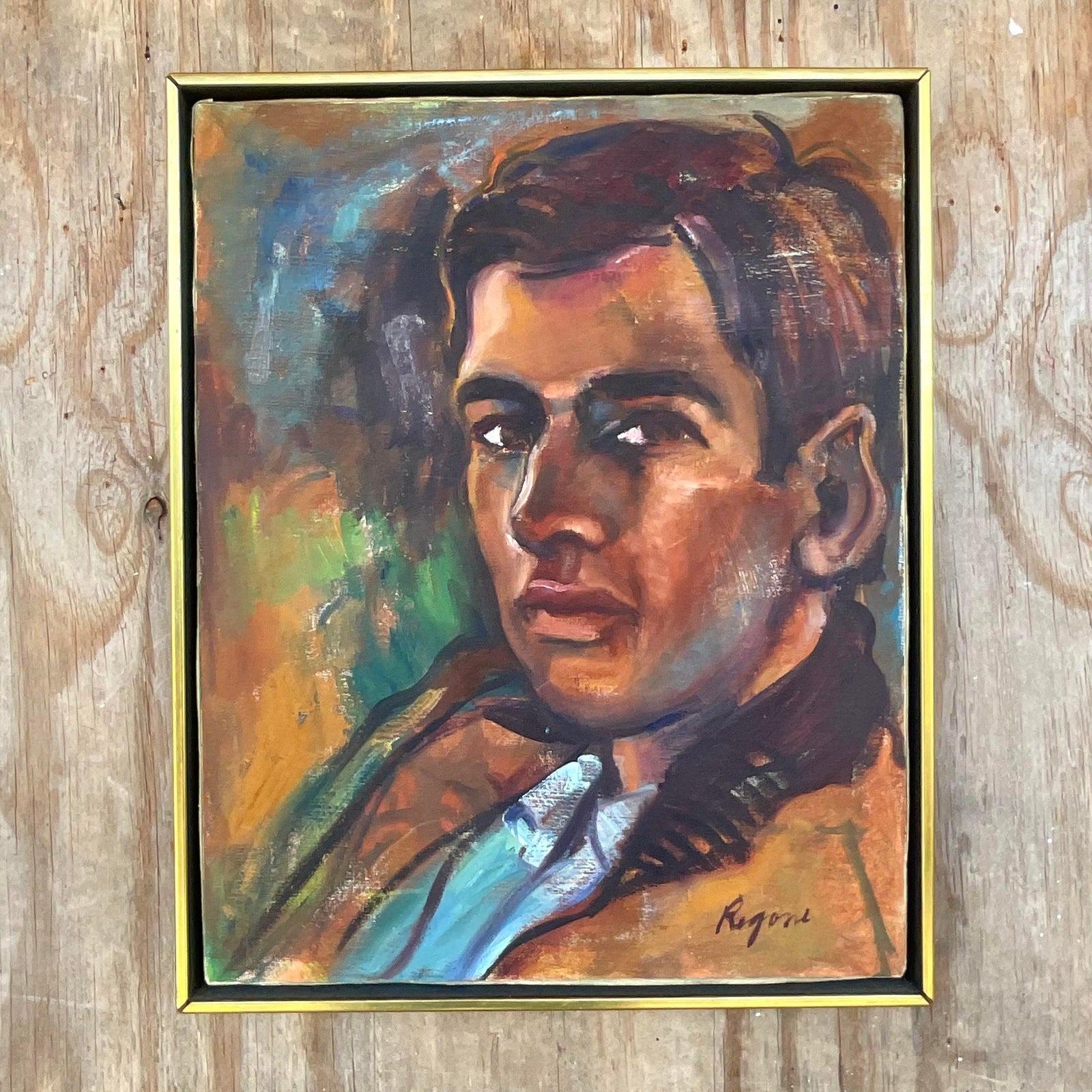 20th Century Vintage Expressionist Original Oil Portrait Painting of a Man For Sale
