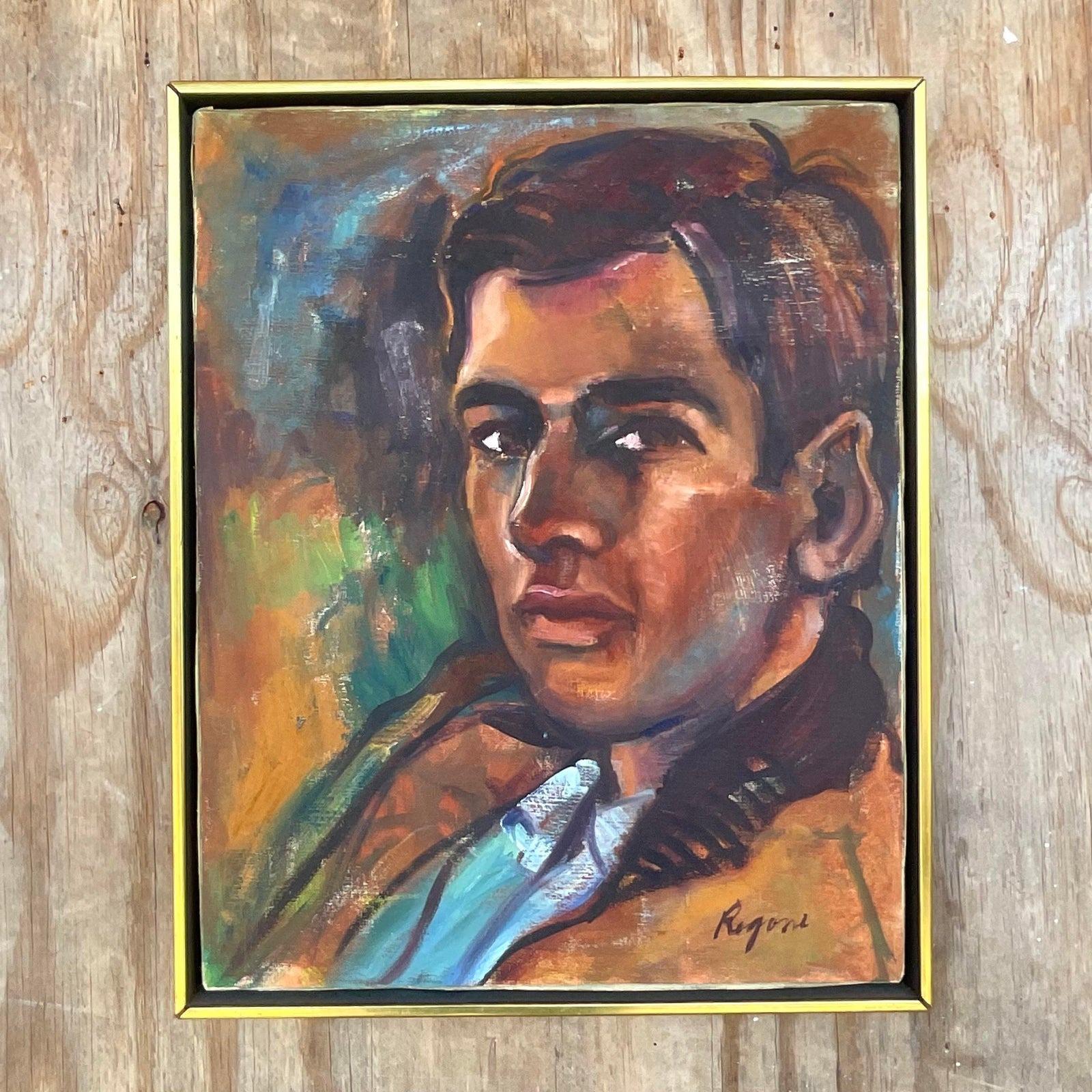 Canvas Vintage Expressionist Original Oil Portrait Painting of a Man For Sale