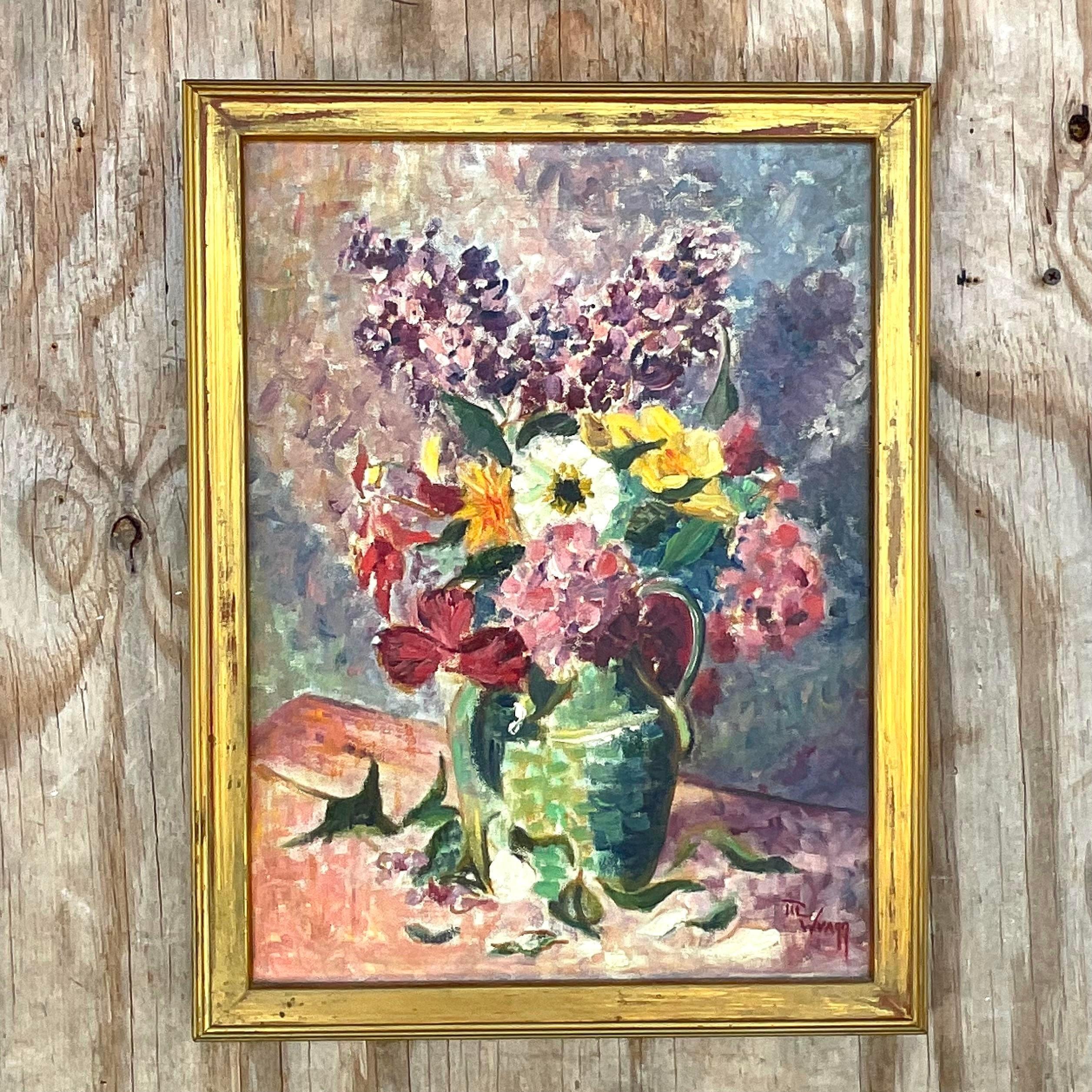 Une fabuleuse huile sur toile originale Boho vintage. Une composition florale aux couleurs vives dans un style pictural. Signé par l'artiste. Acquis d'une propriété de Palm Beach. 