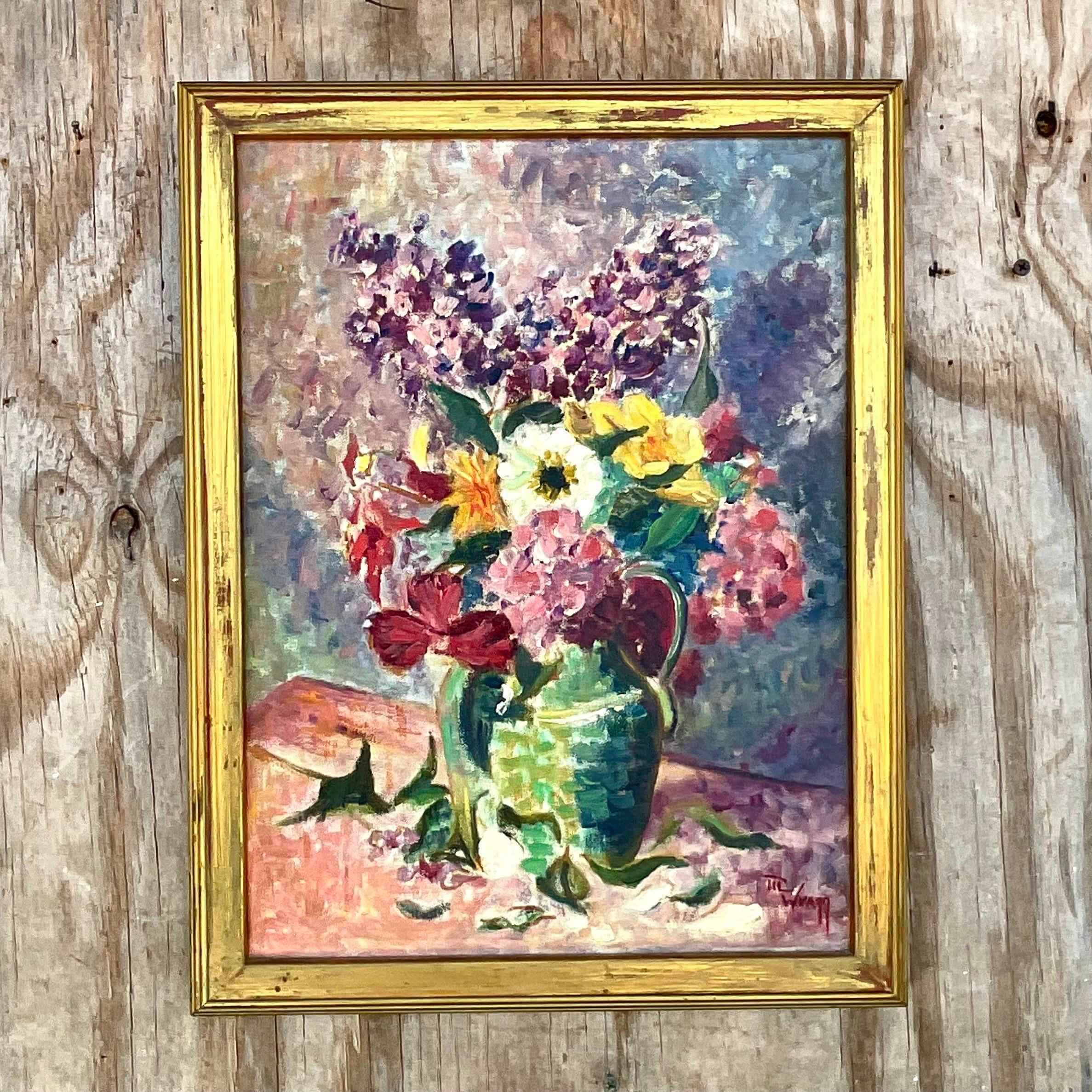 American Vintage Expressionist Signed Floral Original Painting on Canvas For Sale