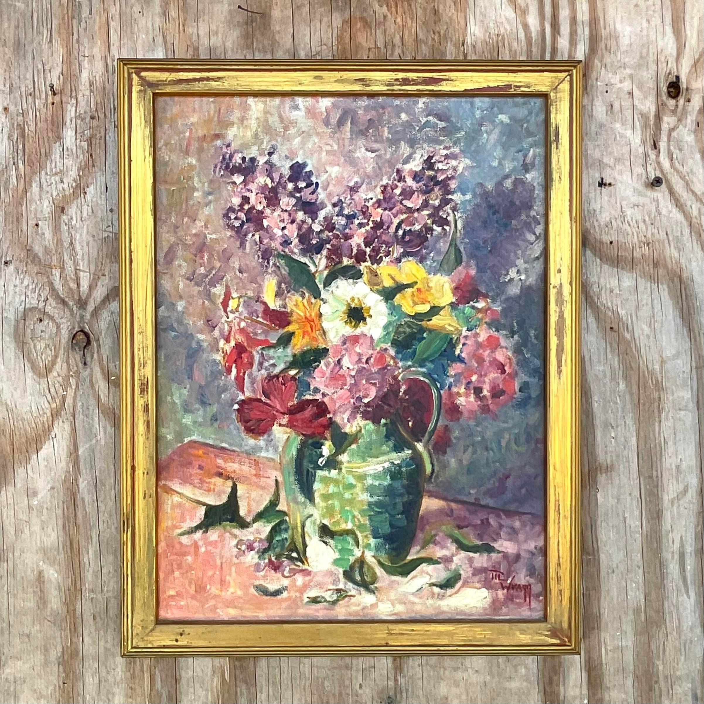 20ième siècle Vintage Expressionniste Signé Peinture originale florale sur toile en vente