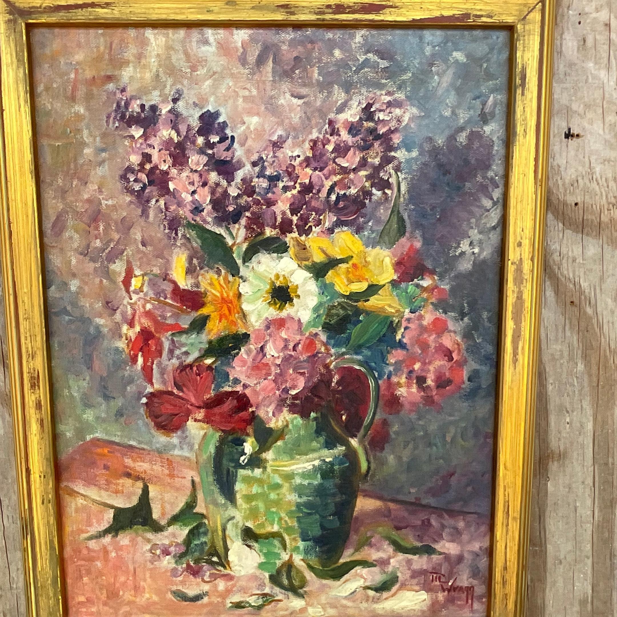 Toile Vintage Expressionniste Signé Peinture originale florale sur toile en vente