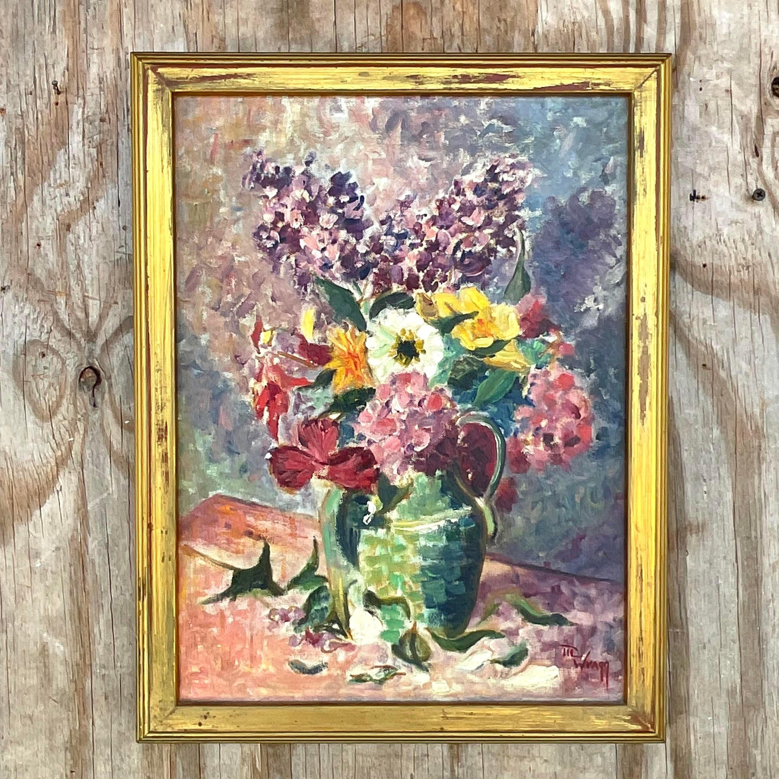 Vintage Expressionist Signed Floral Original Painting on Canvas For Sale 2