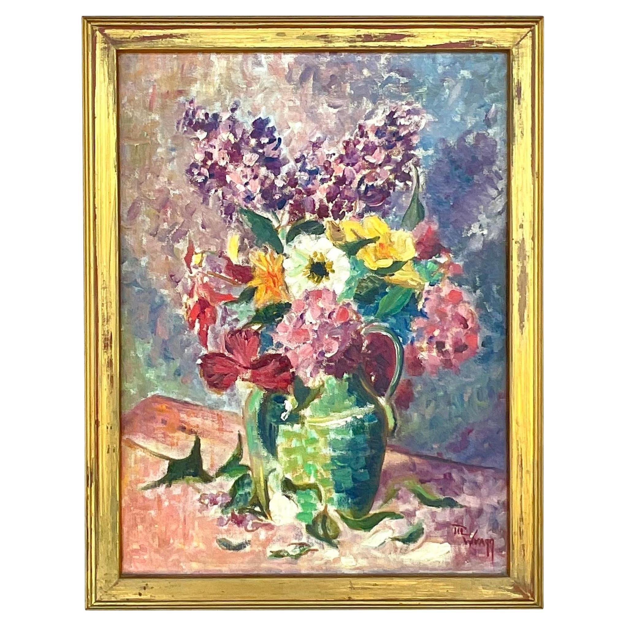 Vintage Expressionniste Signé Peinture originale florale sur toile en vente