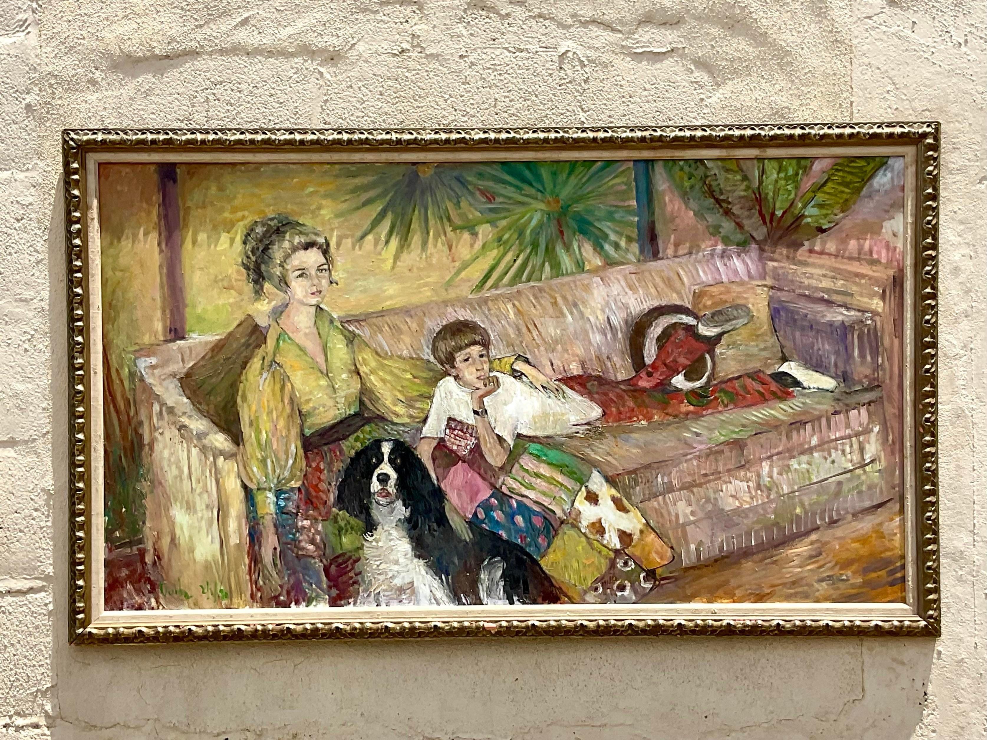 A fabulous vintage Boho oil portrait on board. A fabulous composition of a Palm Beach mother and son. Done by the local celebrity artist Ouida George. Acquired from a Palm Beach estate.