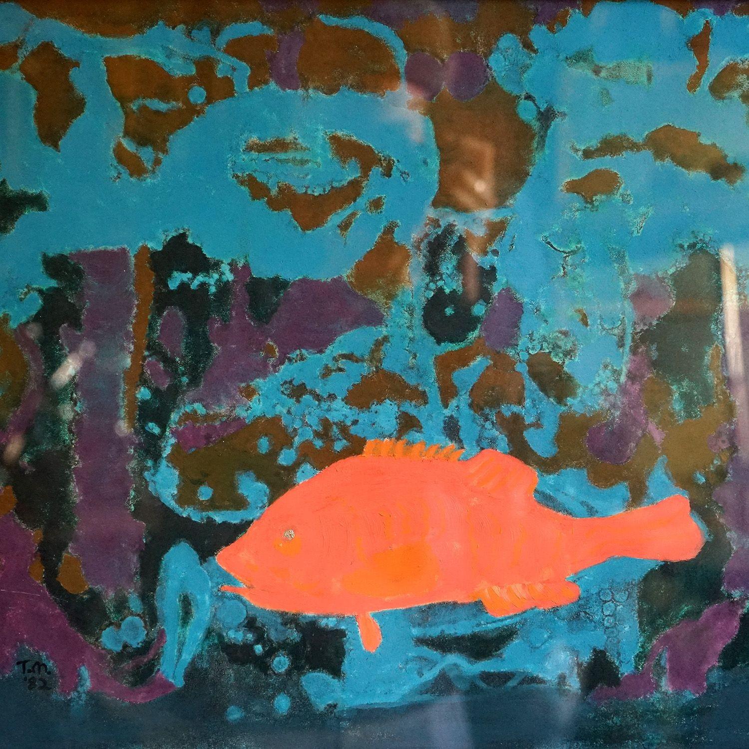 Painted Vintage Expressionist Underwater Scene With Fish 1980s Original Acrylic Painting For Sale