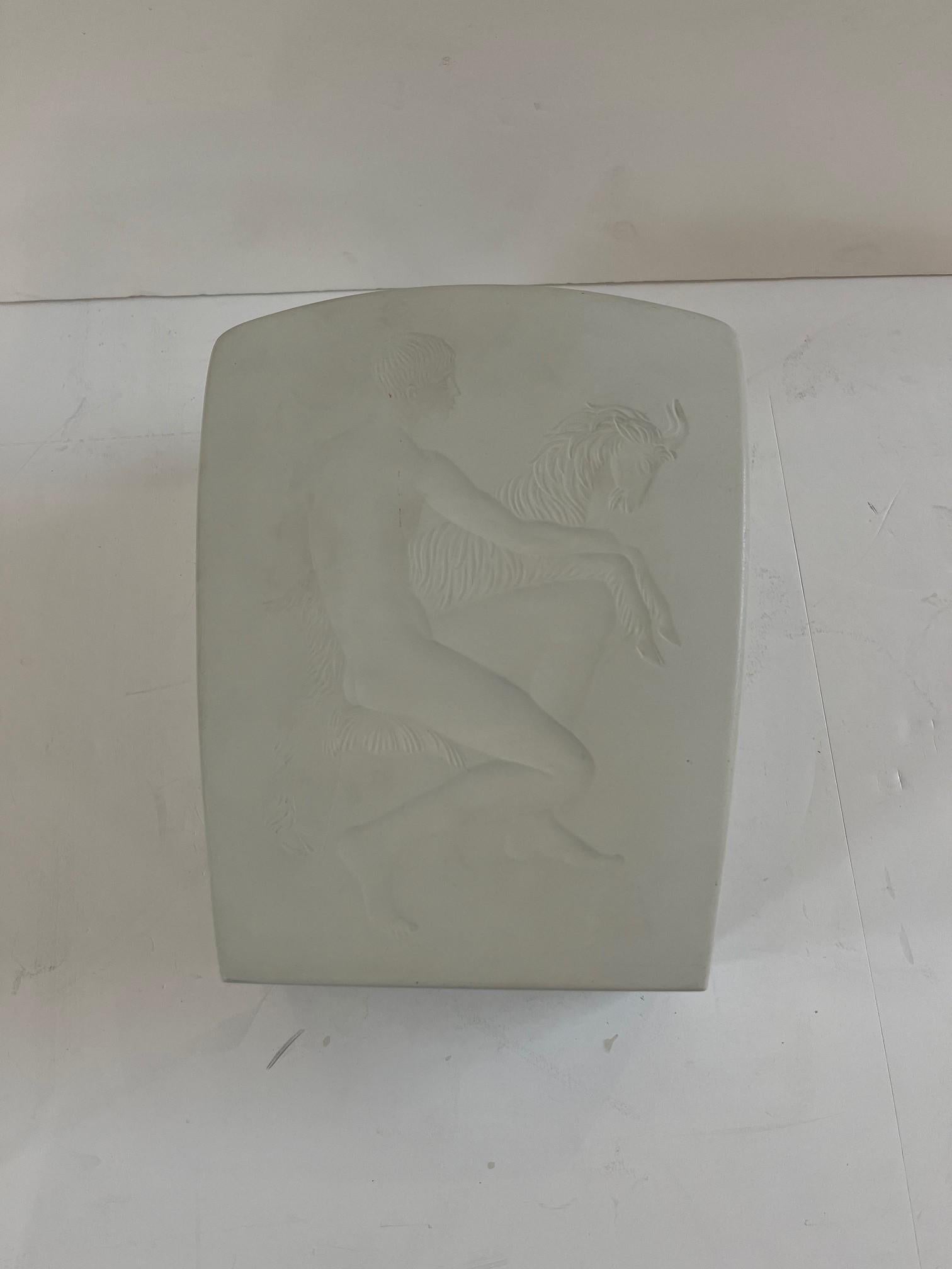 Vintage Exquisite White Vase Featuring Reclining a Man with a Goat by Rena Rosenthal
Signed 