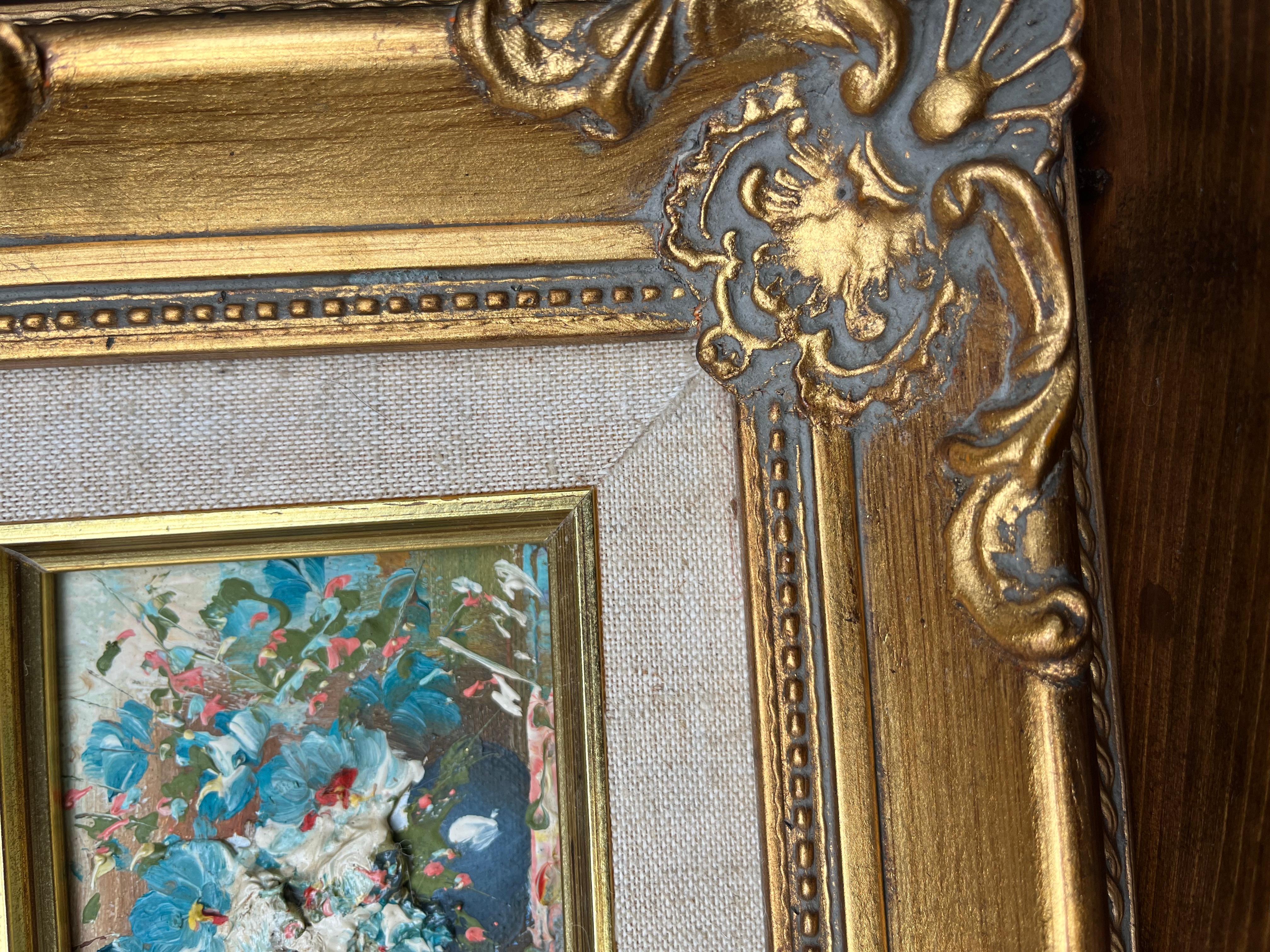 American Vintage Exquisite Miniature Abstract Floral Oil Painting in Ornate Gilt Frame