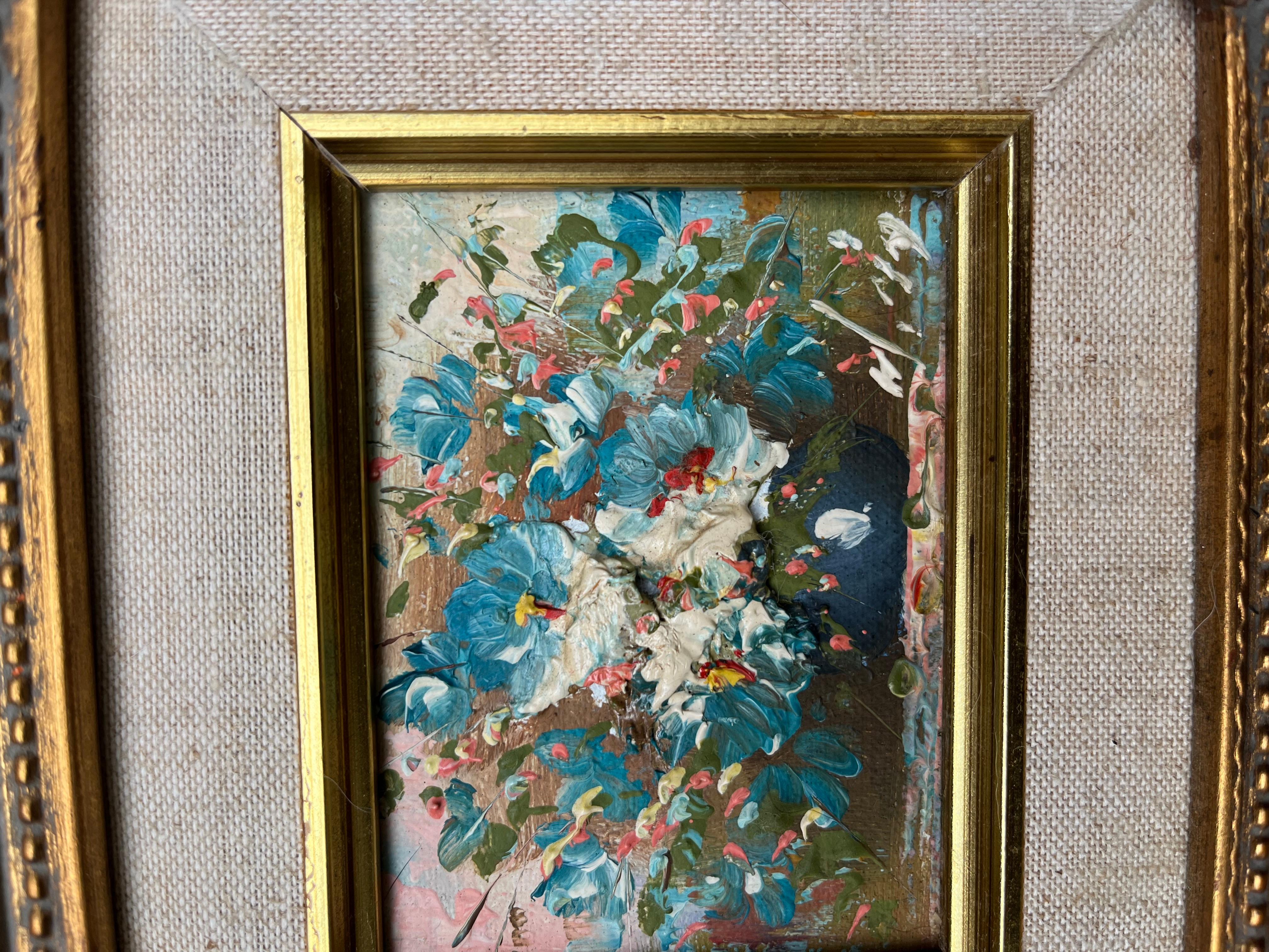Vintage Exquisite Miniature Abstract Floral Oil Painting in Ornate Gilt Frame In Good Condition In Portsmouth, VA