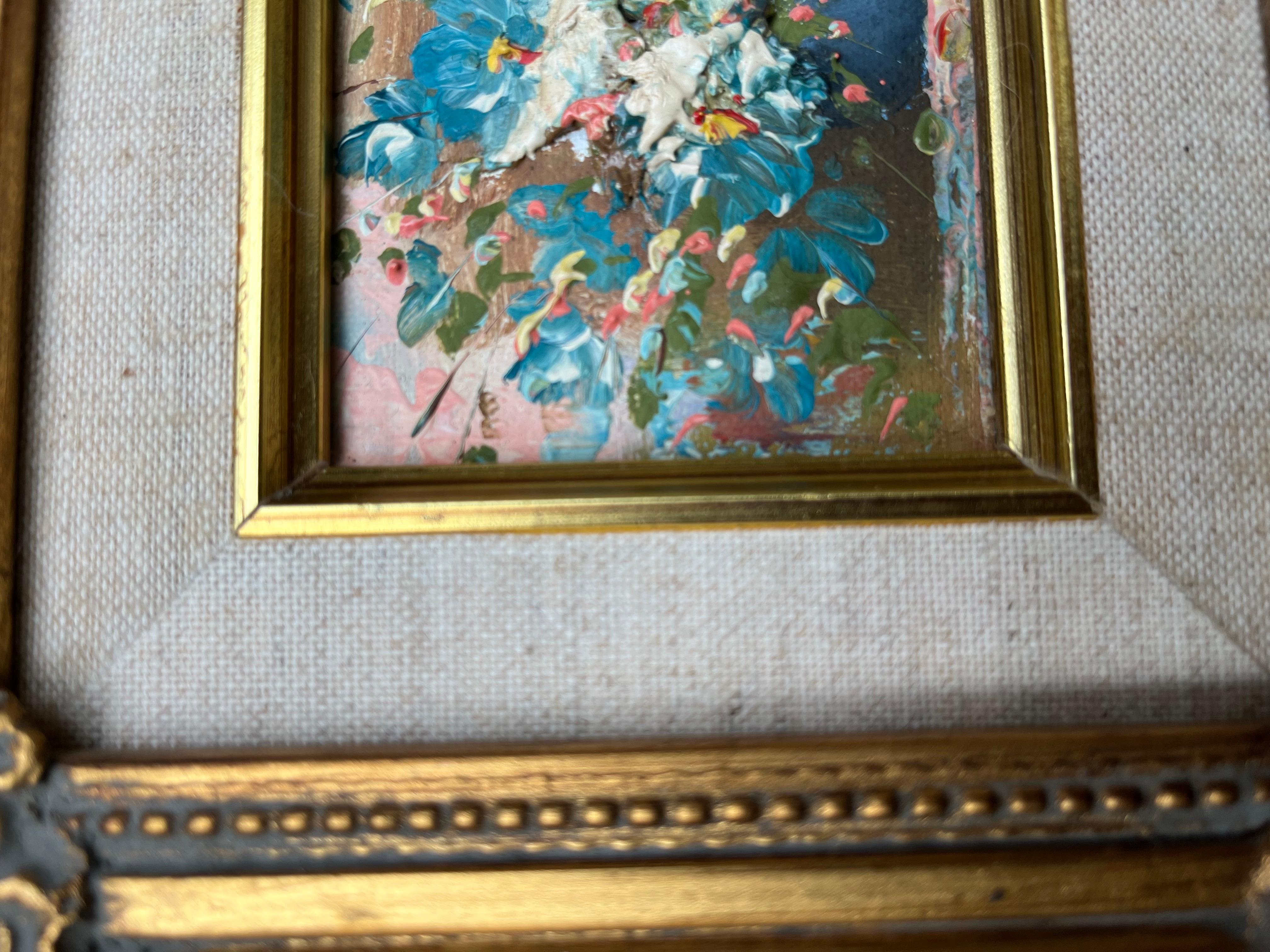 20th Century Vintage Exquisite Miniature Abstract Floral Oil Painting in Ornate Gilt Frame