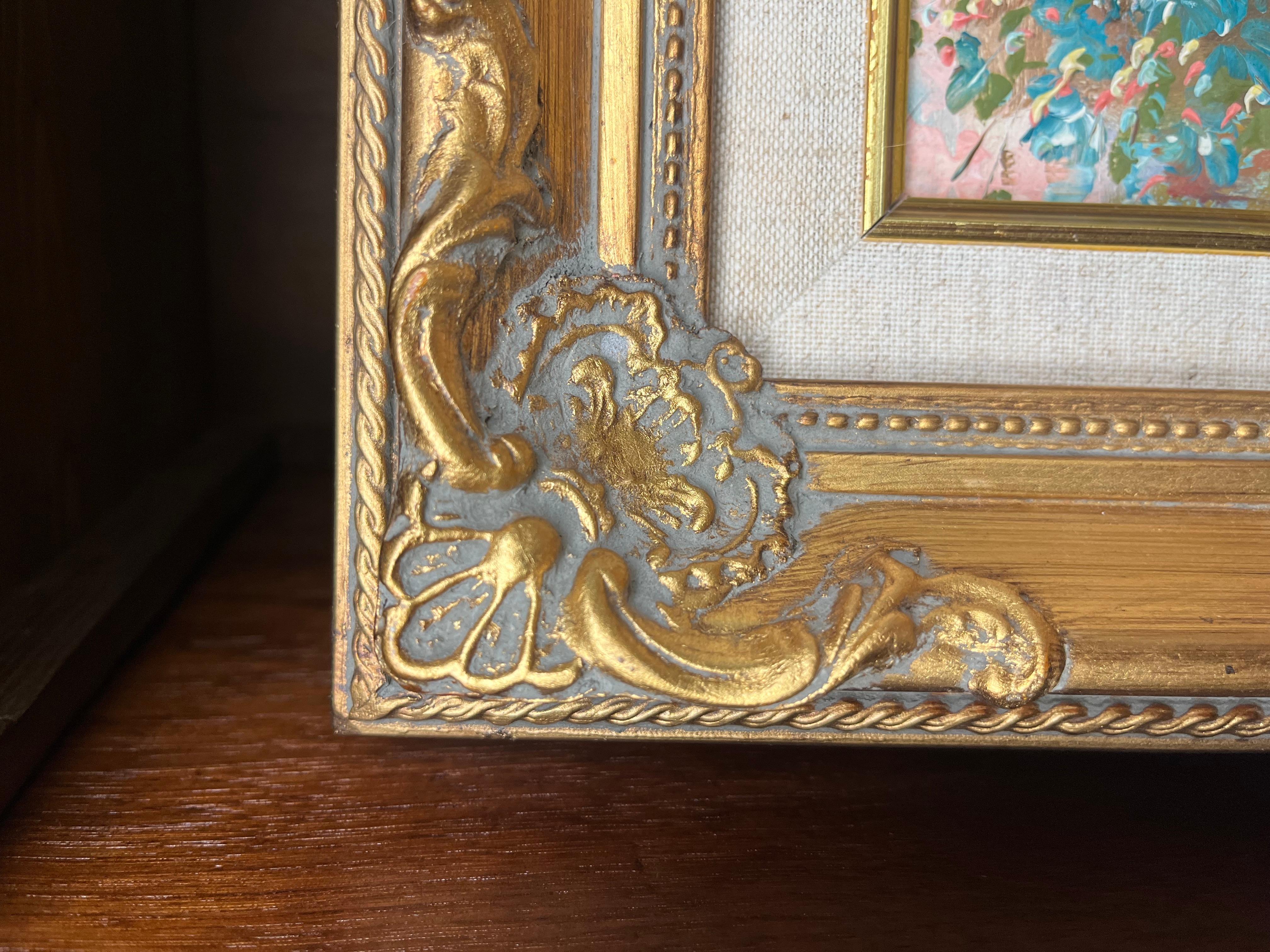 Canvas Vintage Exquisite Miniature Abstract Floral Oil Painting in Ornate Gilt Frame