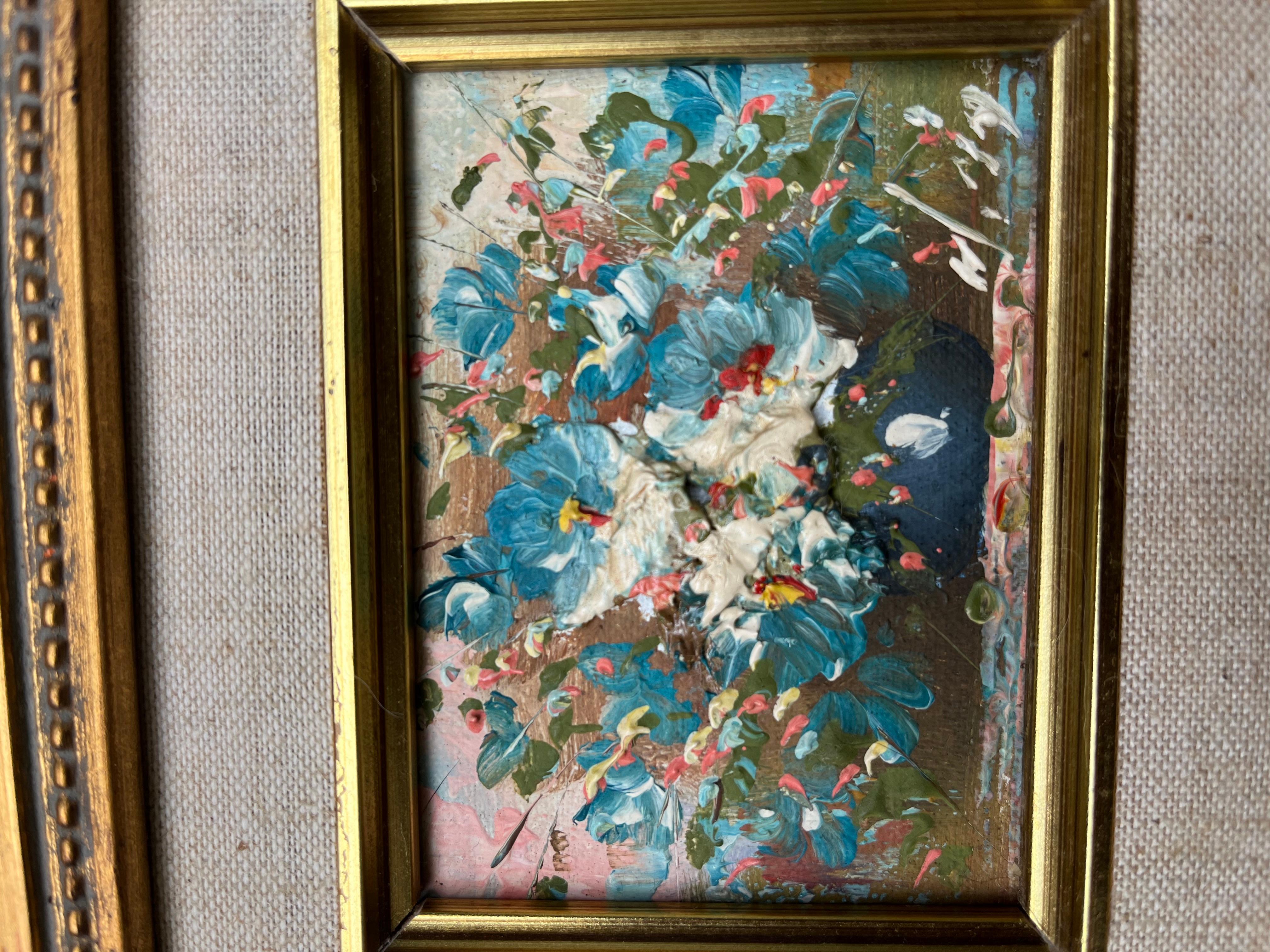 Vintage Exquisite Miniature Abstract Floral Oil Painting in Ornate Gilt Frame 1