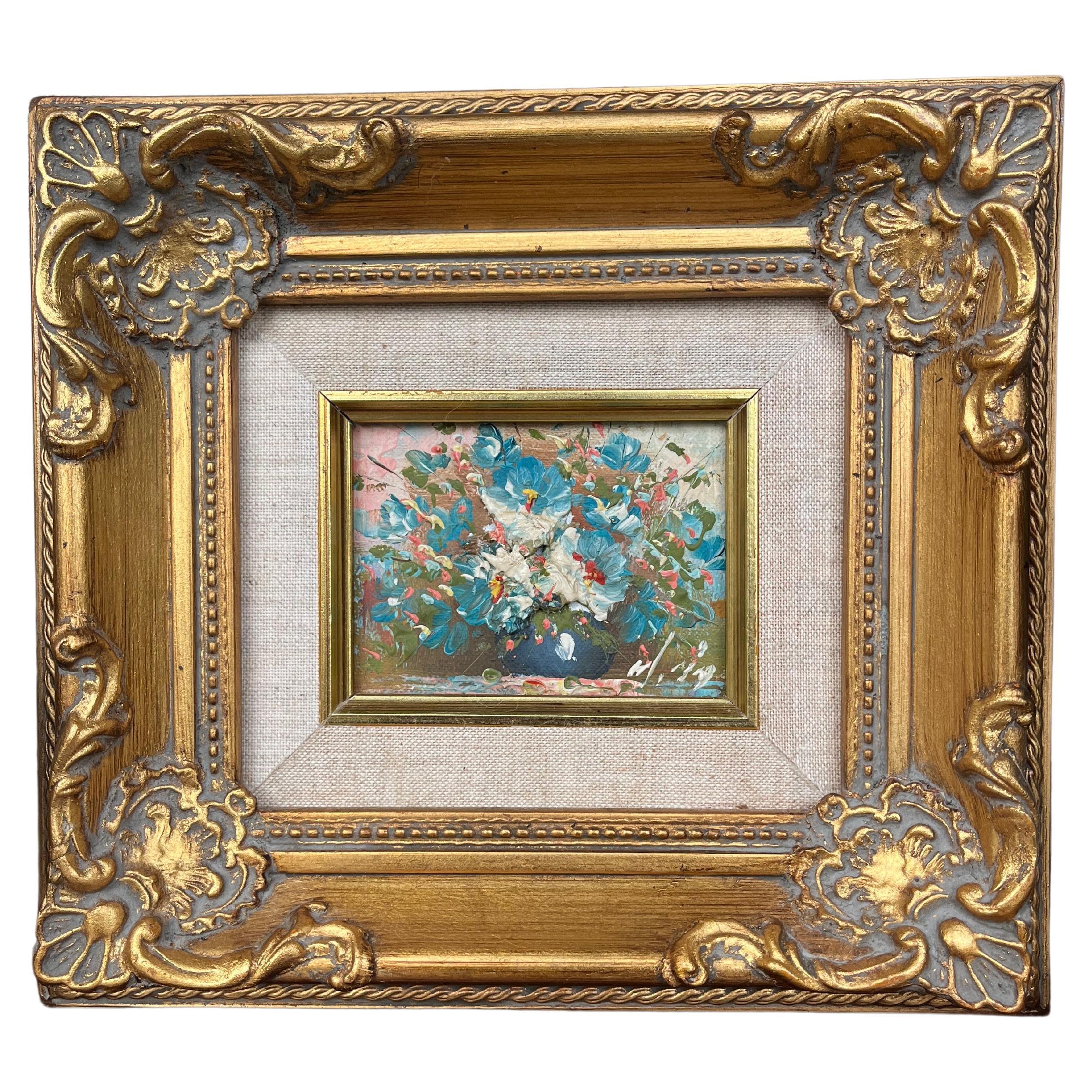 Vintage Exquisite Miniature Abstract Floral Oil Painting in Ornate Gilt Frame