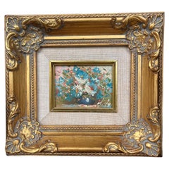 Vintage Exquisite Miniature Abstract Floral Oil Painting in Ornate Gilt Frame
