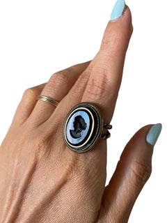Vintage Extasia Black Glass Intaglio Cameo Adjustable Brass Statement Ring