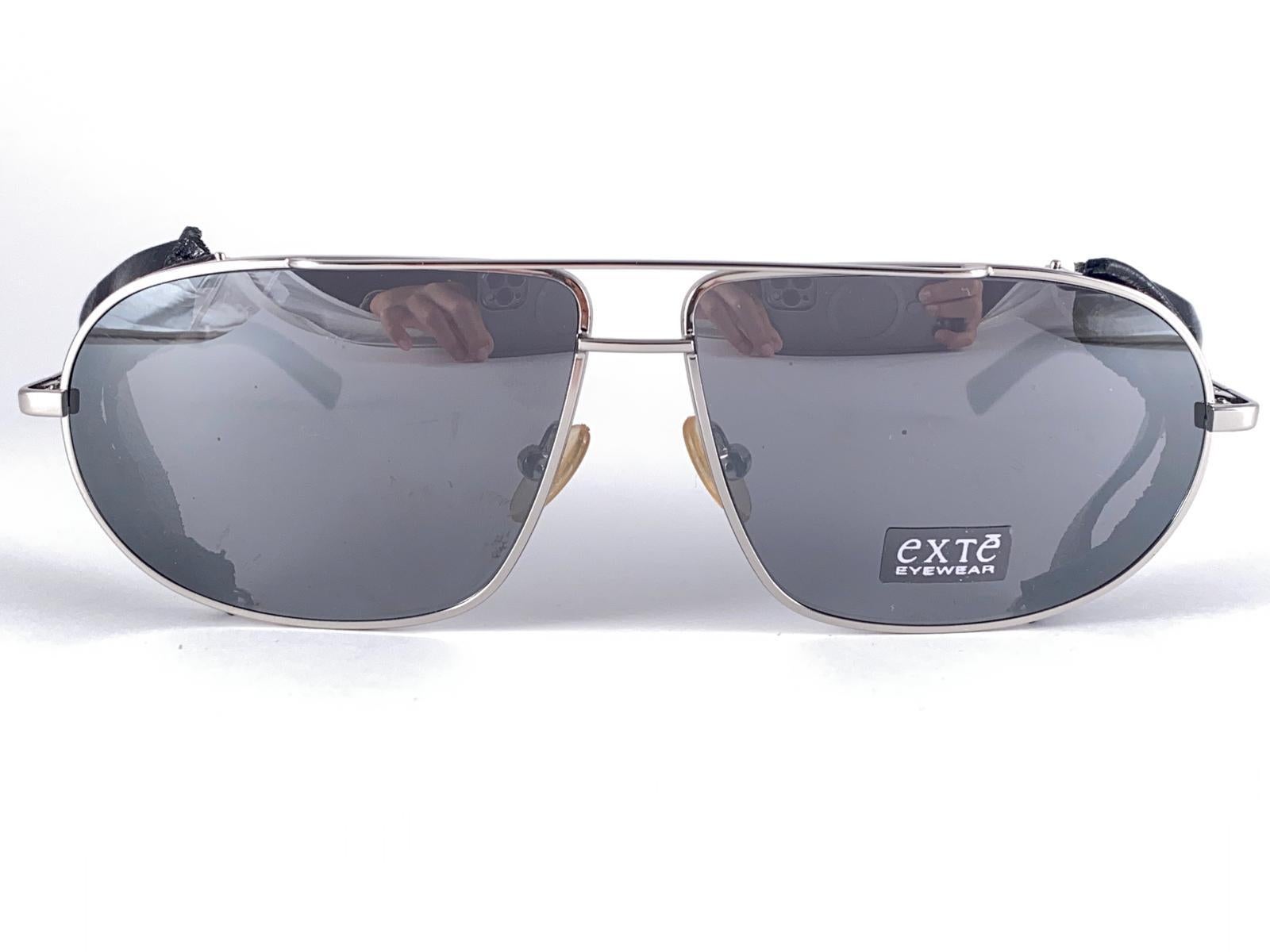 Vintage Exte EX43 Silver & Black Faux Leather Wrap Around Sunglasses 2001 Italy For Sale 4