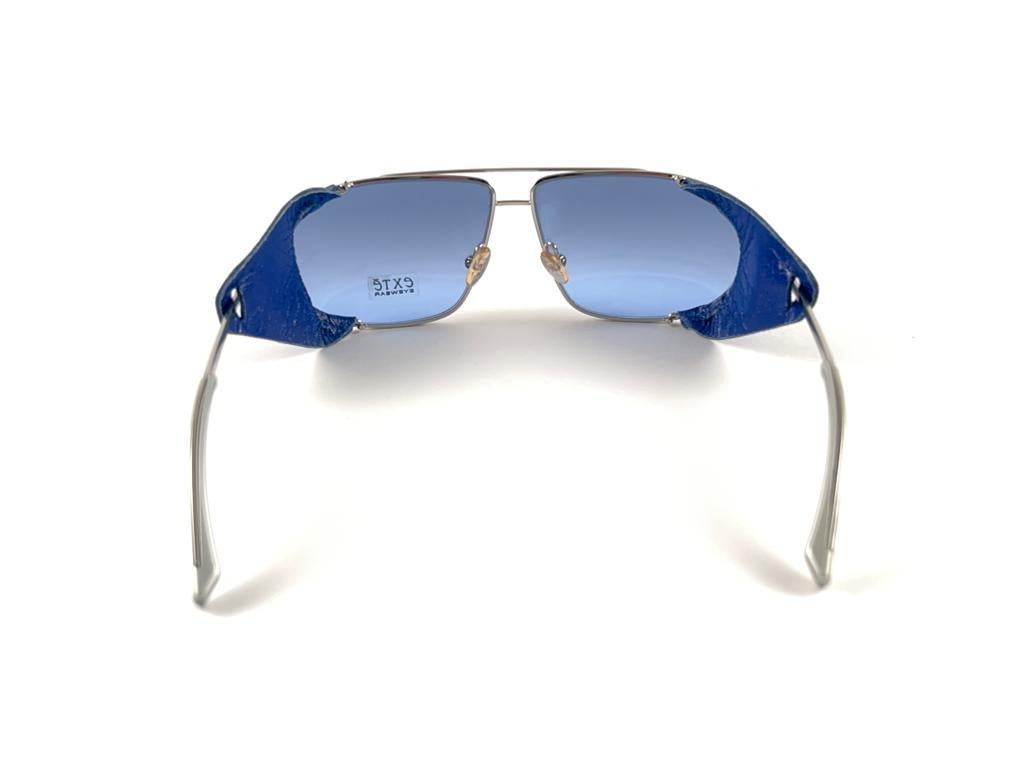 Vintage Exte EX43 Silver & Blue Faux Leather Wrap Around Sunglasses 2001 Italy For Sale 1