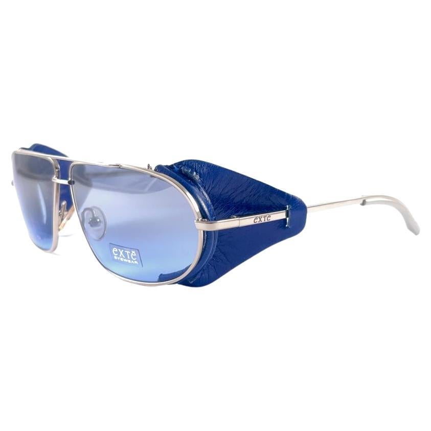 Vintage Exte EX43 Silver & Blue Faux Leather Wrap Around Sunglasses 2001 Italy For Sale