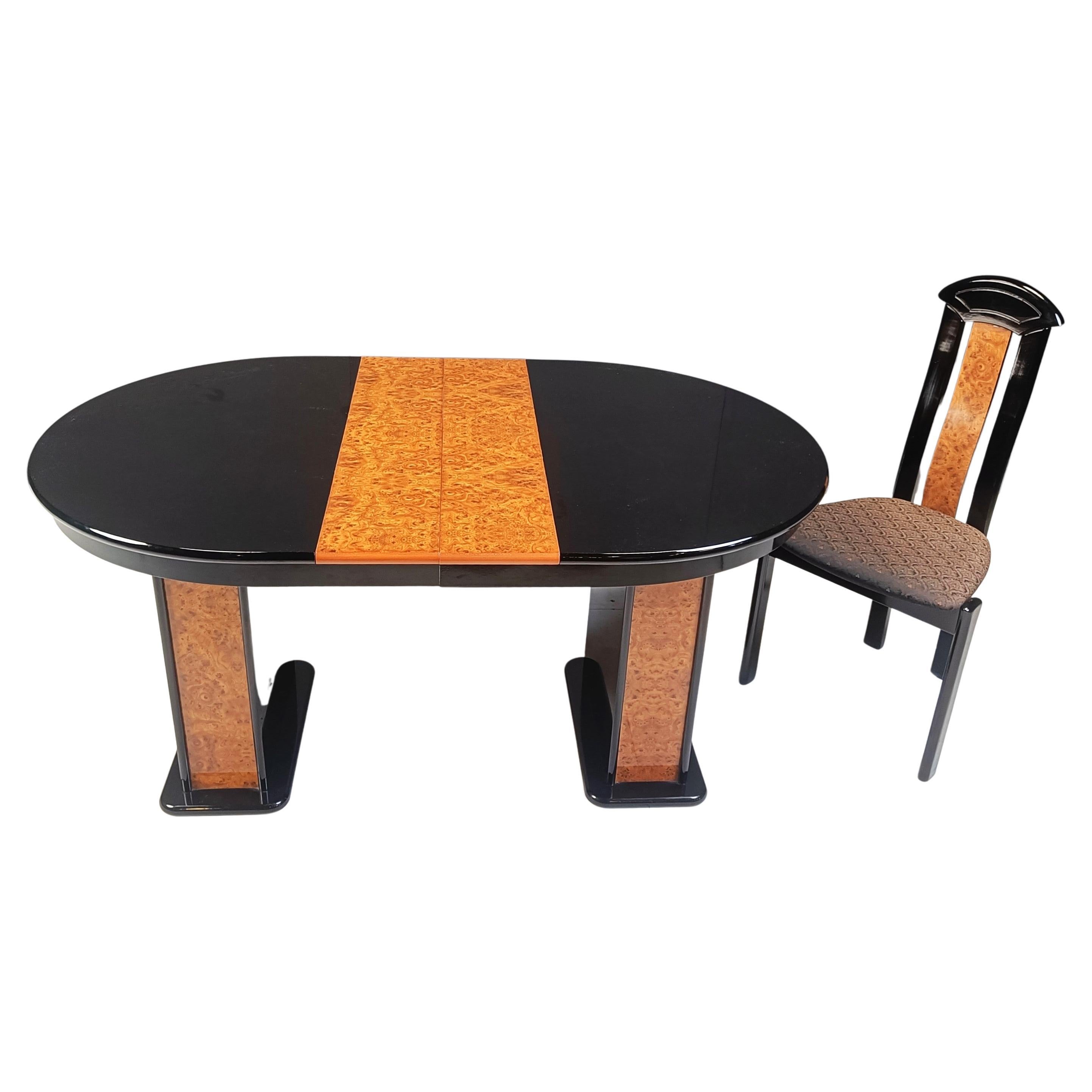 Vintage extendable burl wood and lacquer dining table, 1980s