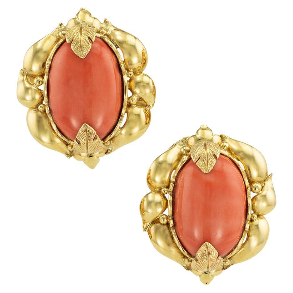 Cabochon Vintage Extra Large Coral Yellow Gold Clip On Earrings Circa 1970s For Sale